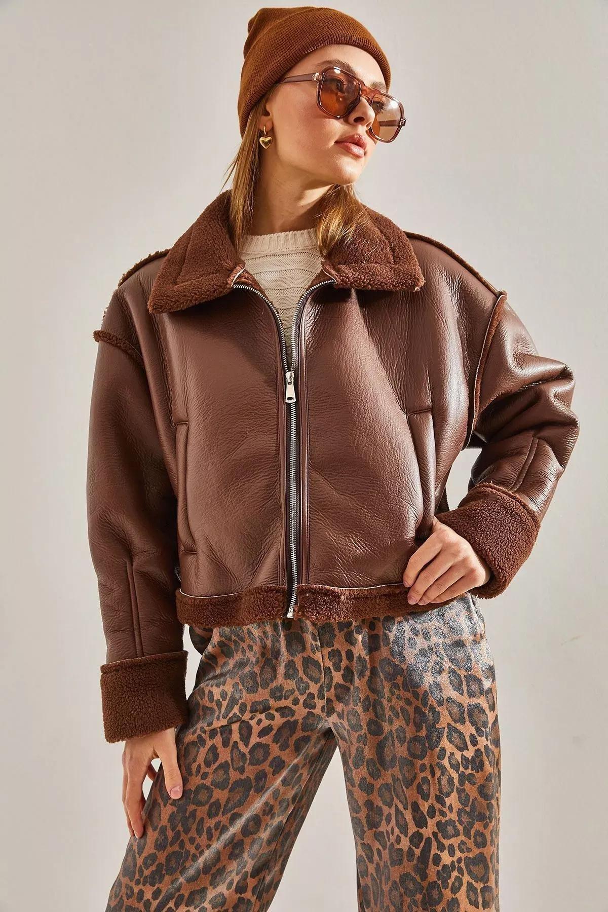 Sleeve Pleat Leather Coat, Brown, large image number 1