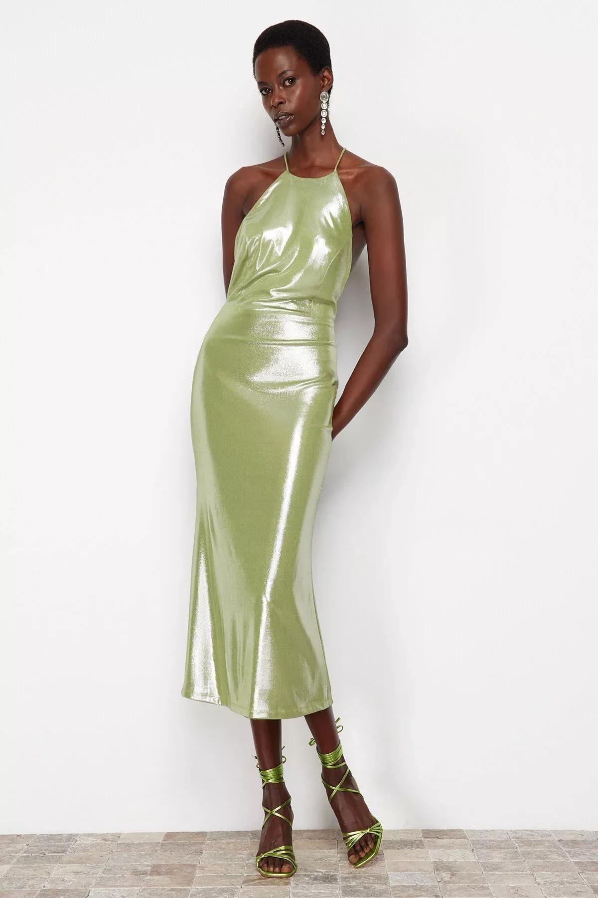 Green Metallic Look Dress, Light green, large image number 1