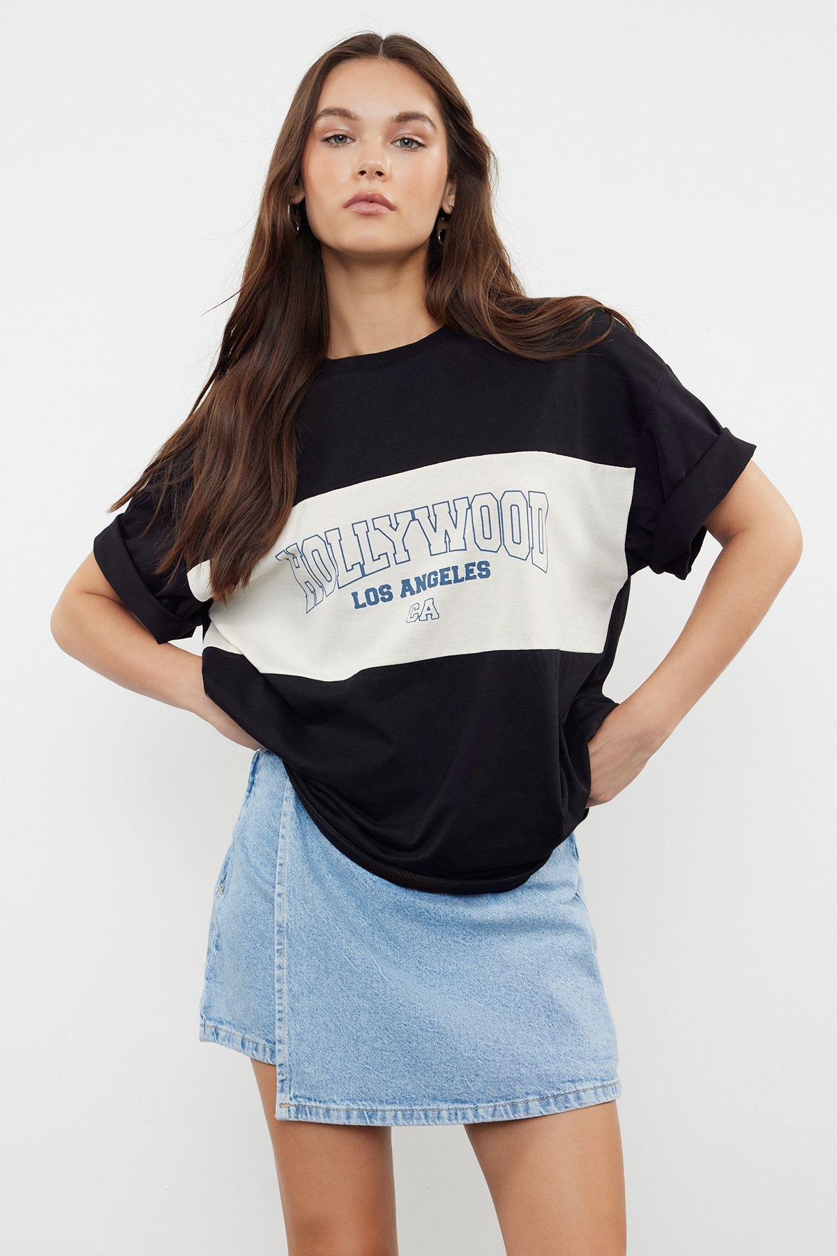 Black Printed Oversized Knitted T-Shirt, , medium