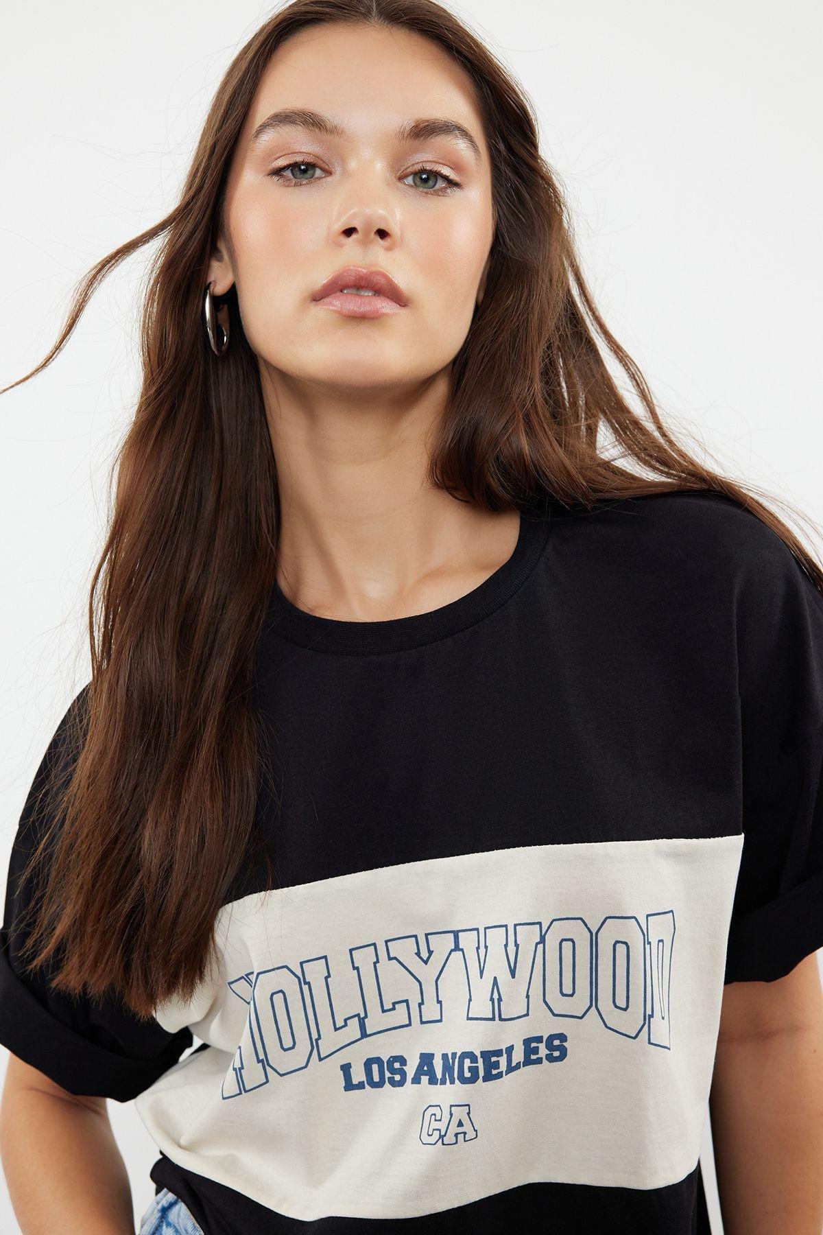 Black Printed Oversized Knitted T-Shirt, , large image number 1