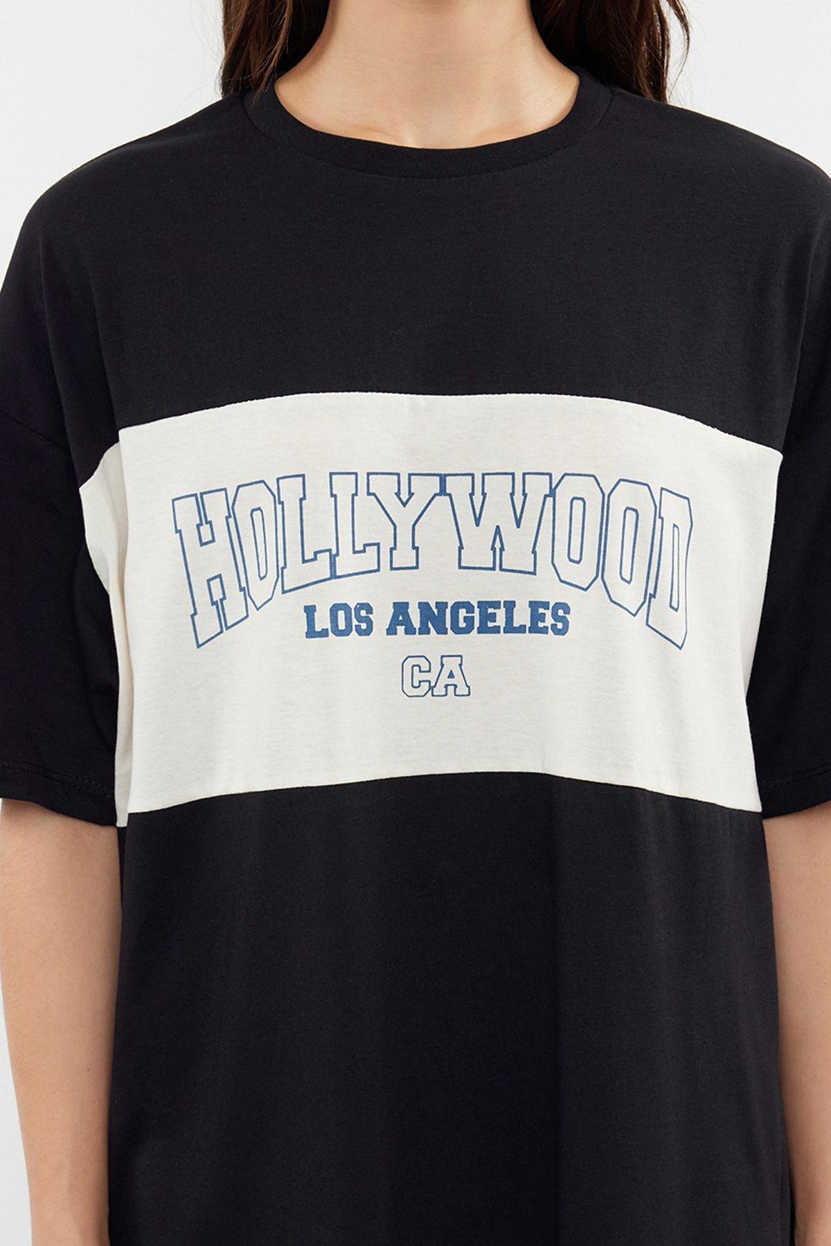 Black Printed Oversized Knitted T-Shirt, , large image number 2