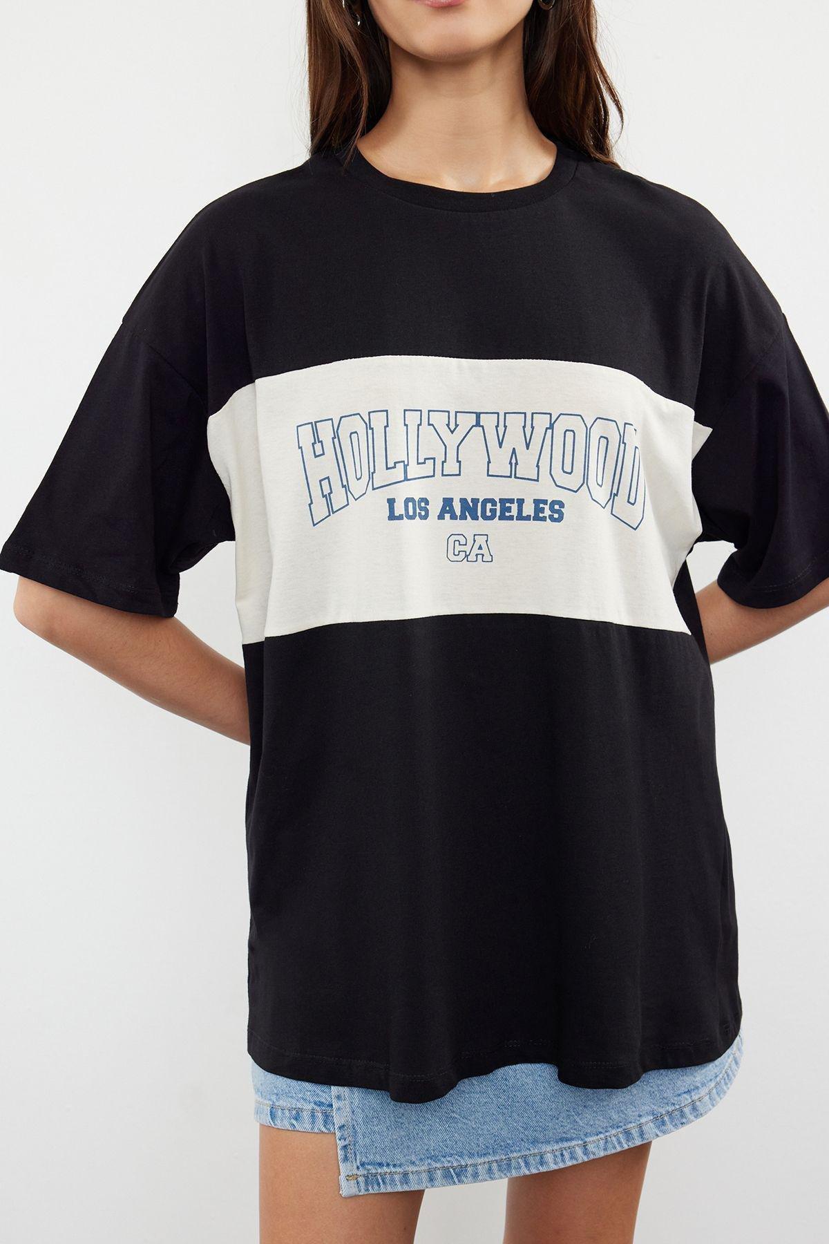 Black Printed Oversized Knitted T-Shirt, , large image number 3