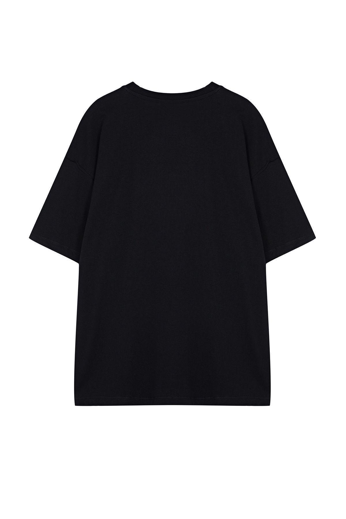 Black Printed Oversized Knitted T-Shirt, , large image number 5