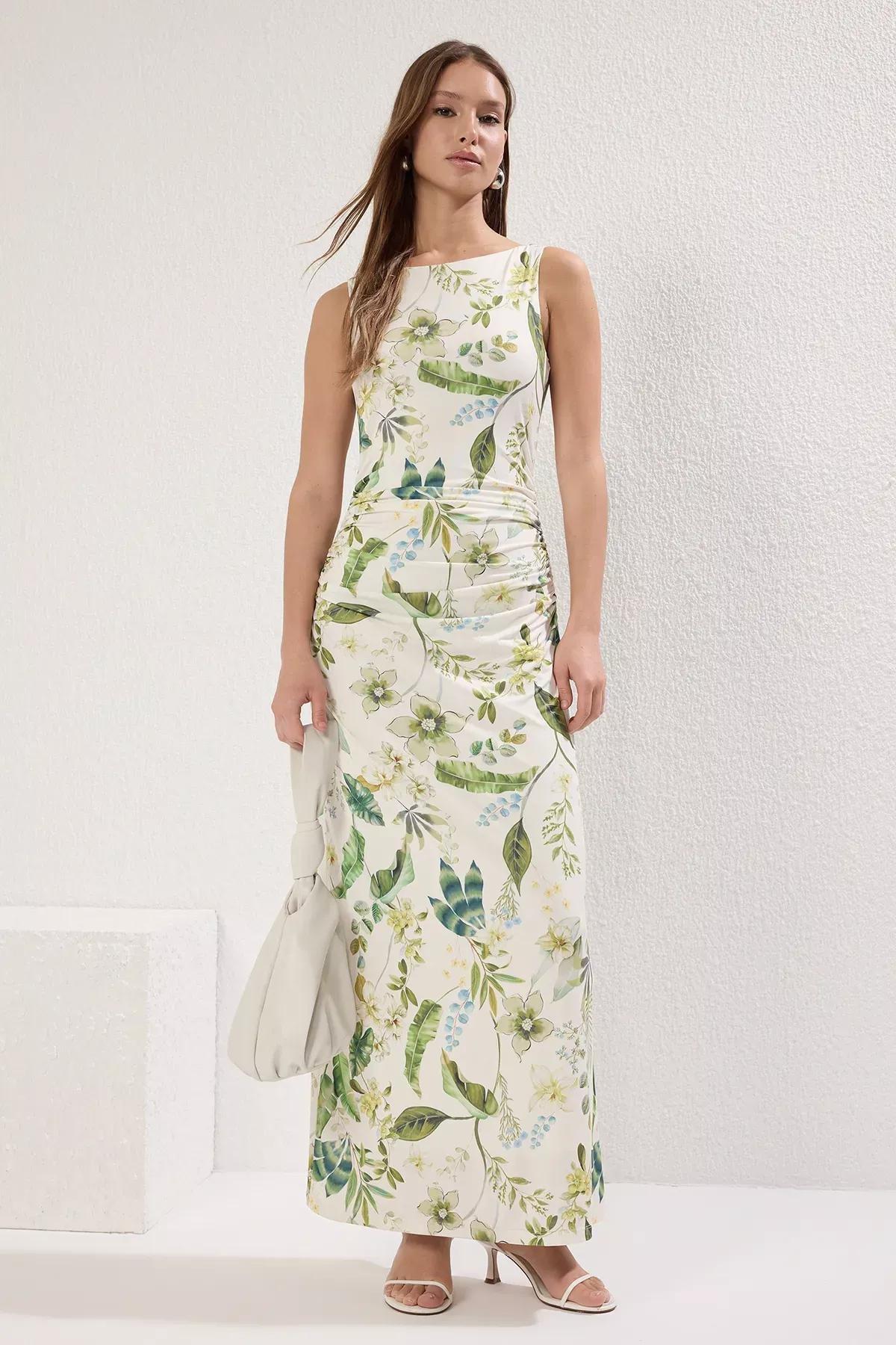 Green Floral Knitted Pencil Dress, , large image number 0