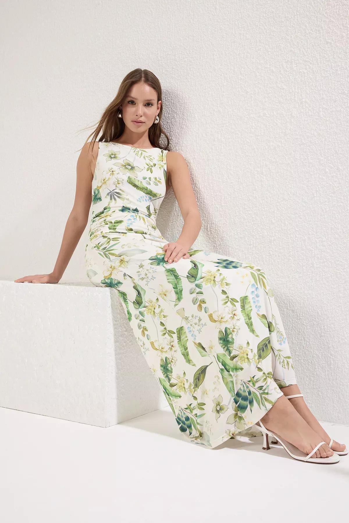 Green Floral Knitted Pencil Dress, , large image number 1