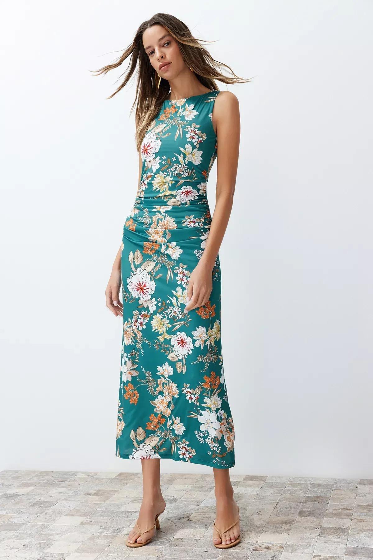 Green Floral Printed Pencil Dress, Green, large image number 1
