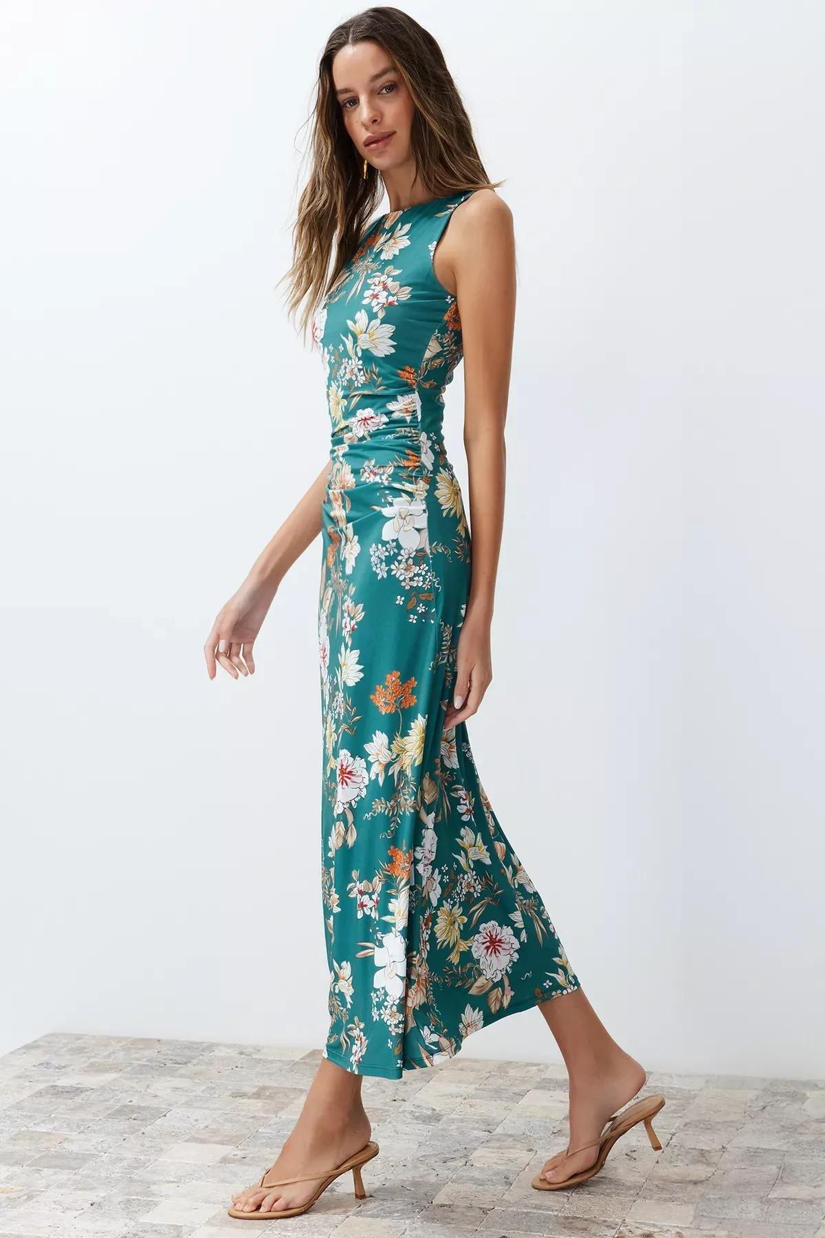 Green Floral Printed Pencil Dress, Green, large image number 2