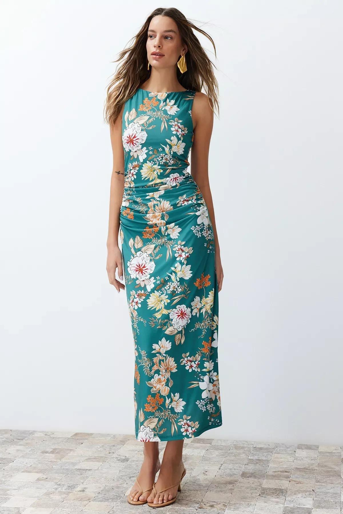 Green Floral Printed Pencil Dress, Green, large image number 3