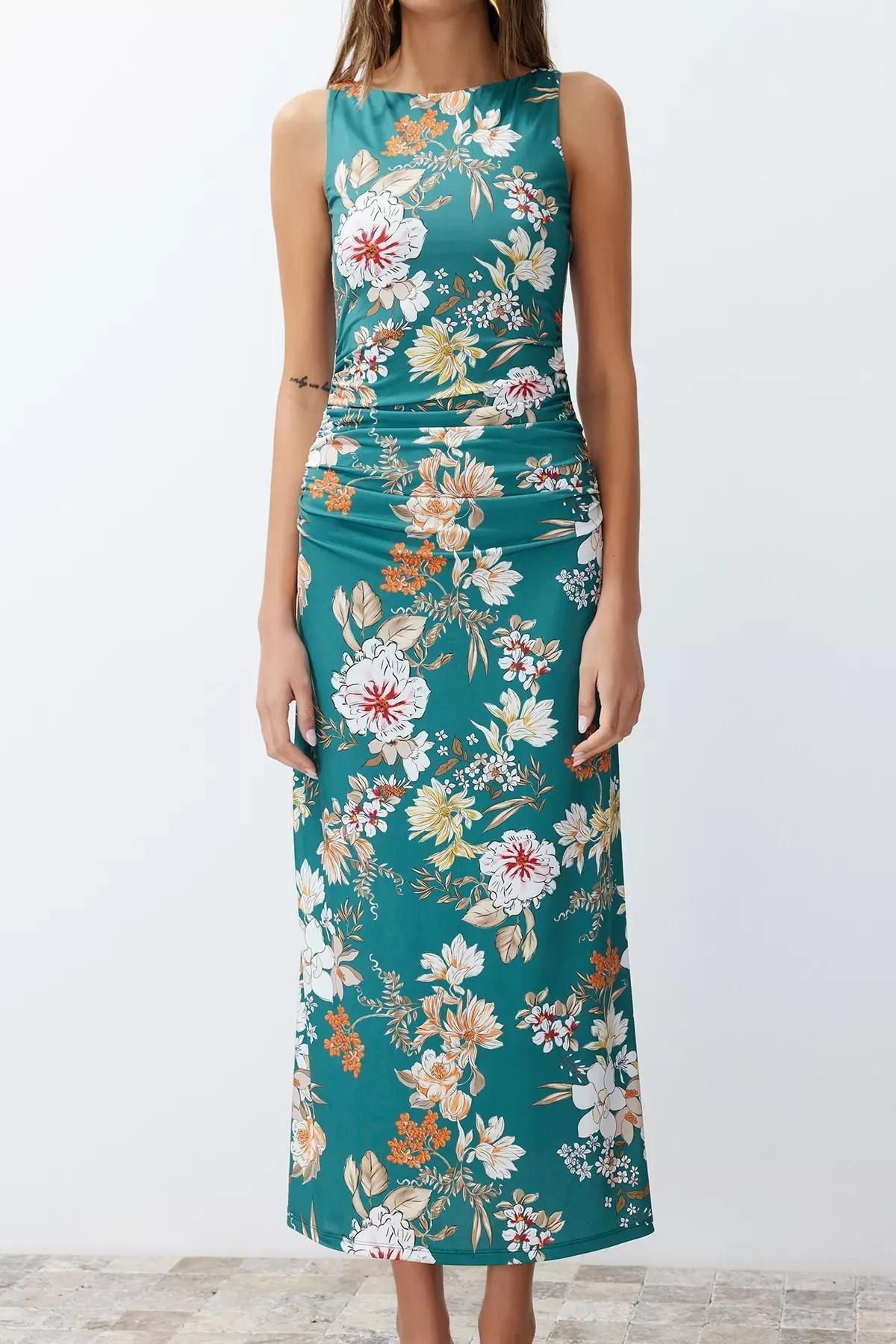 Green Floral Printed Pencil Dress, Green, large image number 5