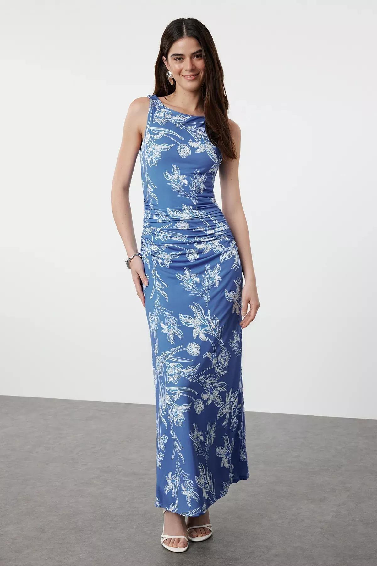 Blue Floral Printed Knitted Pencil Dress, , medium
