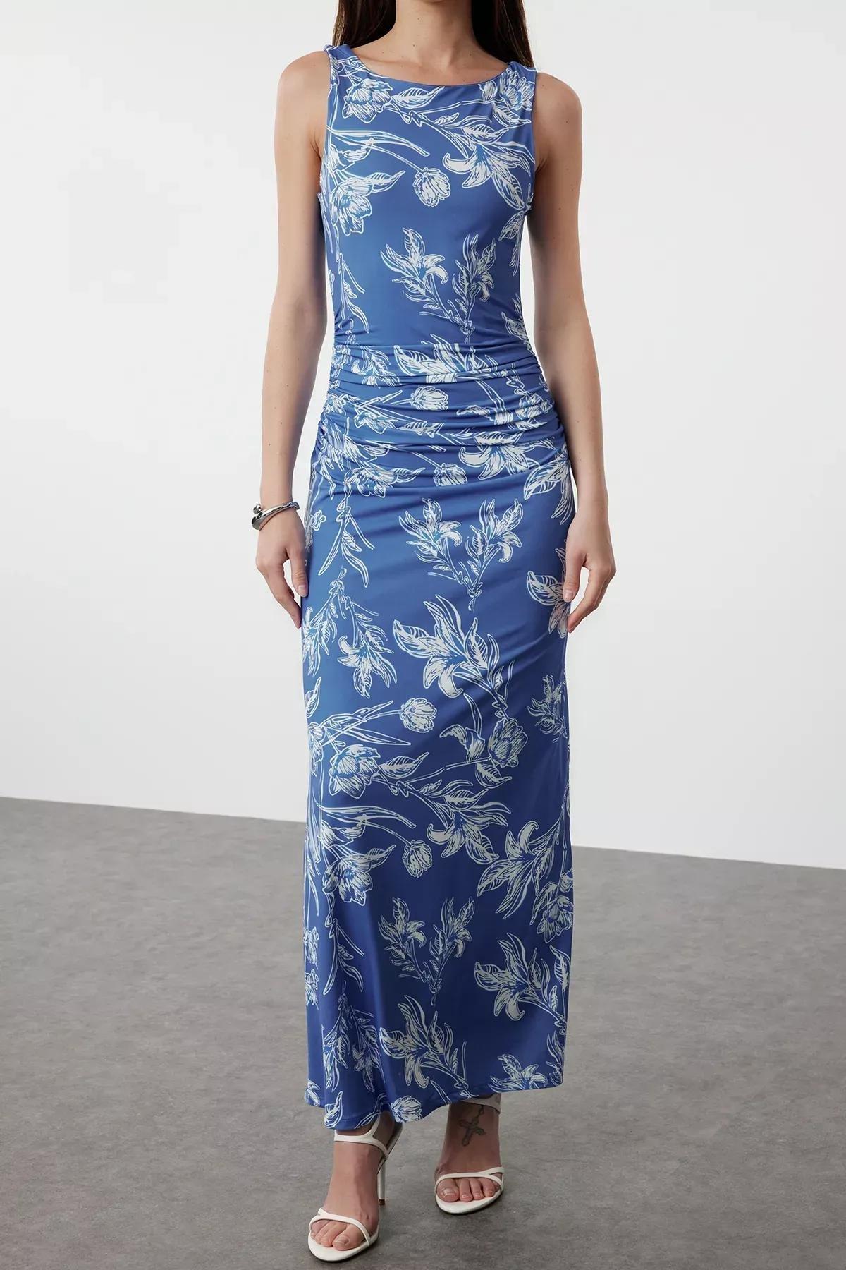 Blue Floral Printed Knitted Pencil Dress, Blue, large image number 2