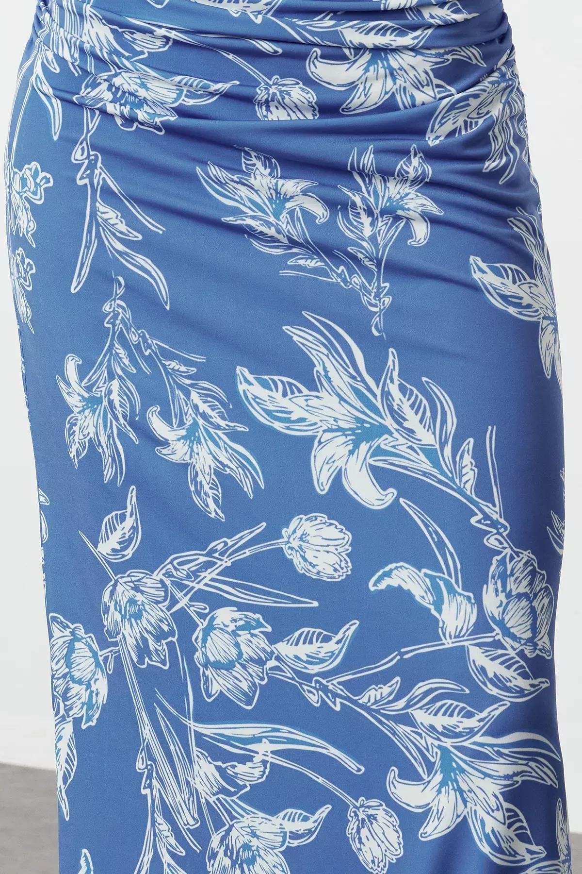 Blue Floral Printed Knitted Pencil Dress, Blue, large image number 3