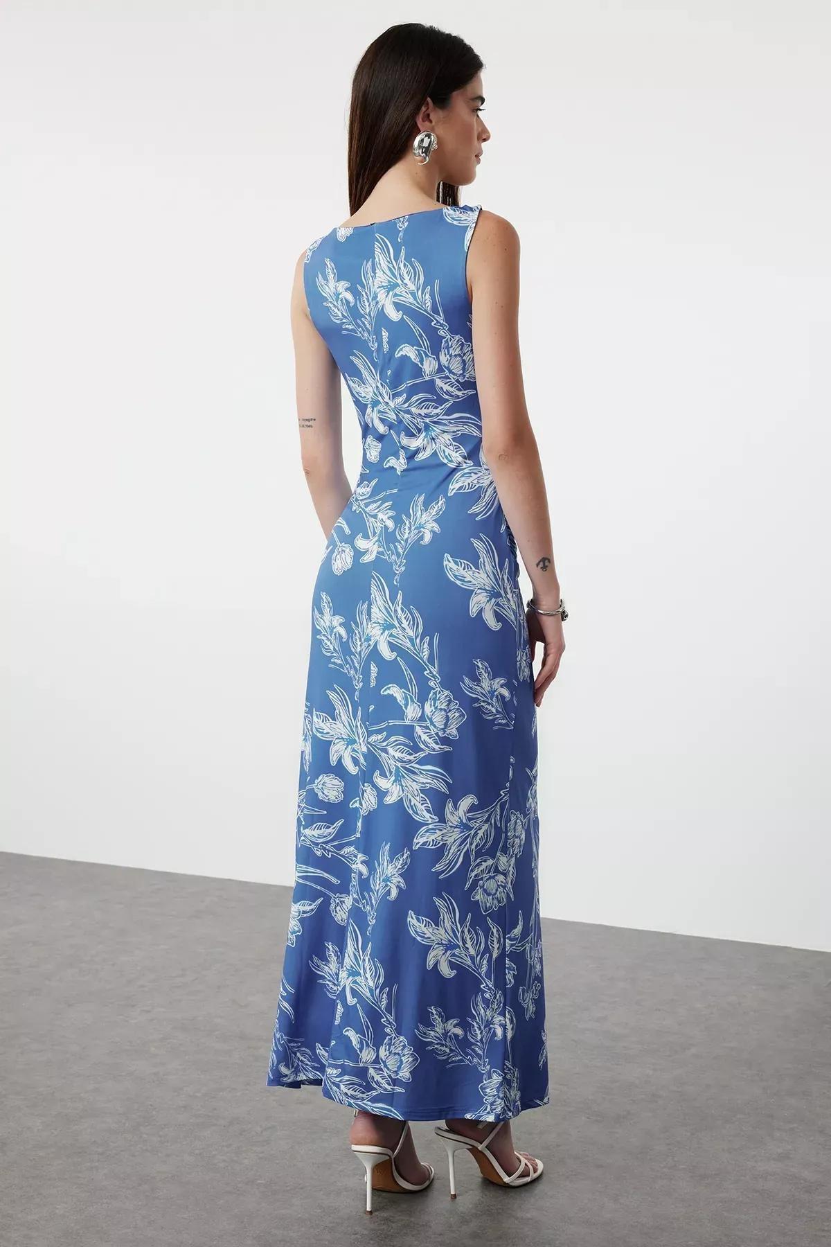 Blue Floral Printed Knitted Pencil Dress, Blue, large image number 4