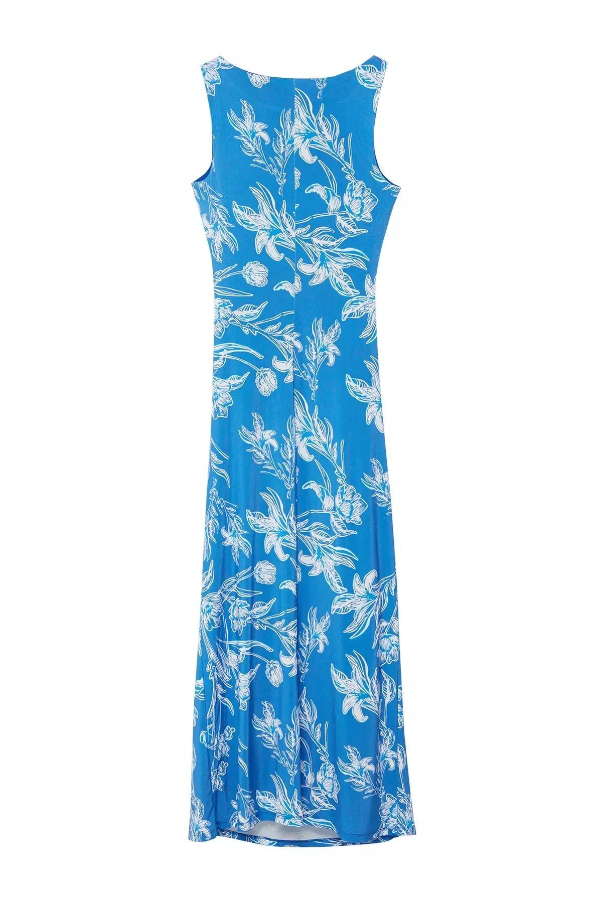 Blue Floral Printed Knitted Pencil Dress, Blue, large image number 5