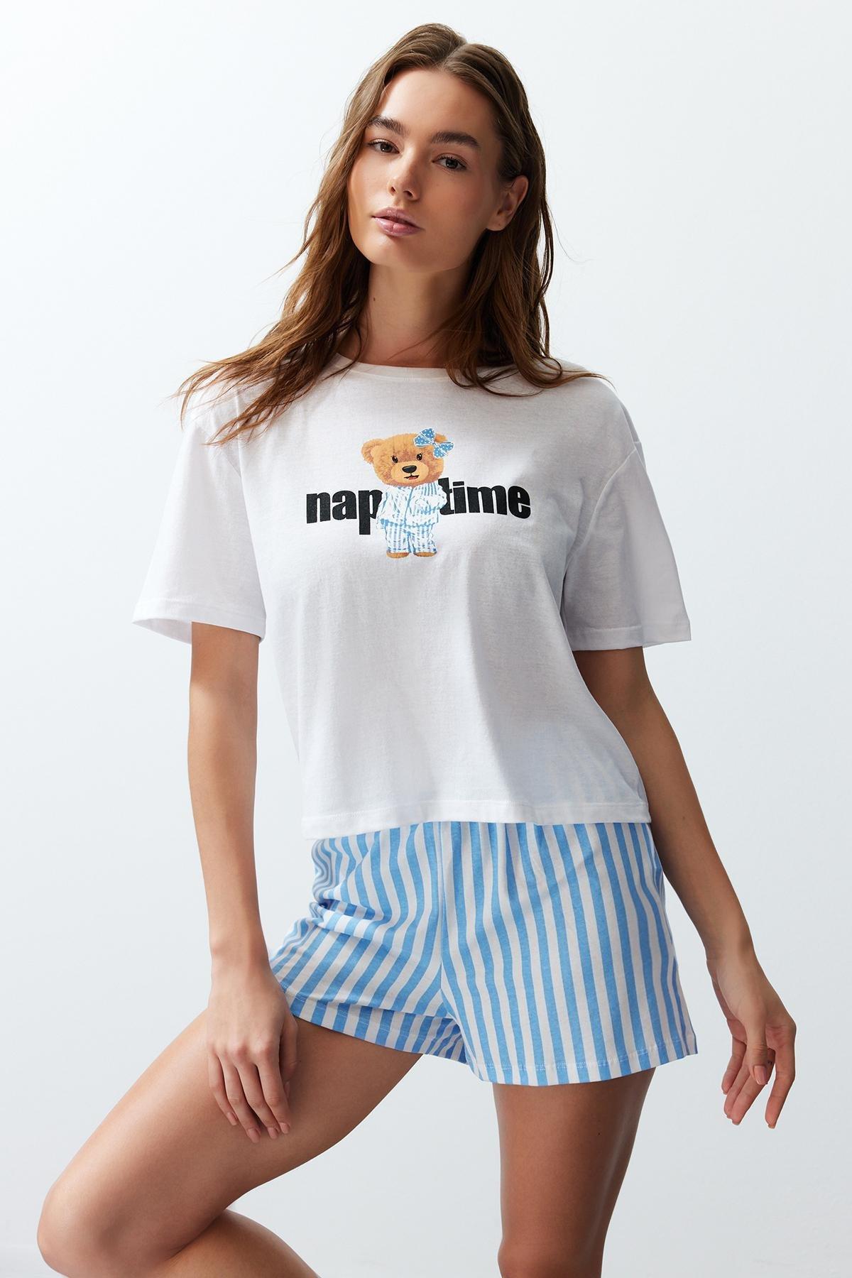 Womens Couple White-Multicolored 100% Cotton Striped Knitted Pajama Set THMSS24PT00175, 2s, , large image number 0