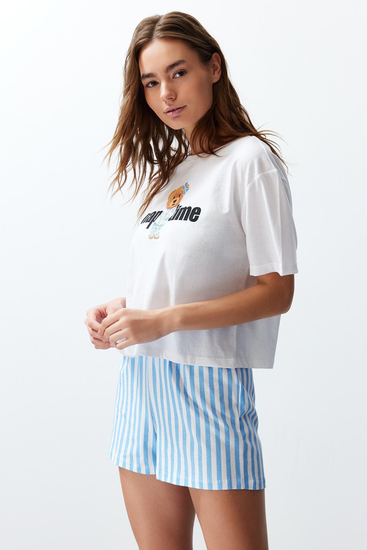 Womens Couple White-Multicolored 100% Cotton Striped Knitted Pajama Set THMSS24PT00175, 2s, , large image number 1
