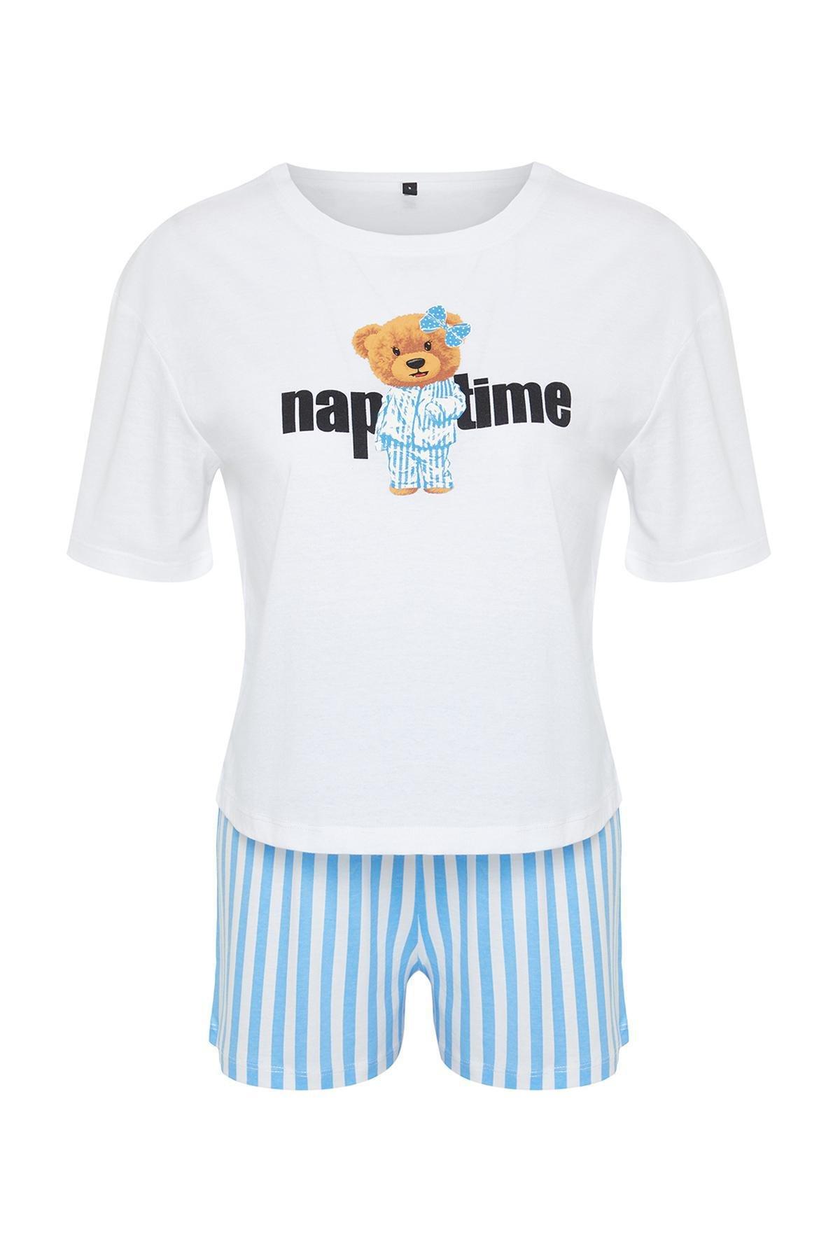 Womens Couple White-Multicolored 100% Cotton Striped Knitted Pajama Set THMSS24PT00175, 2s, , large image number 2