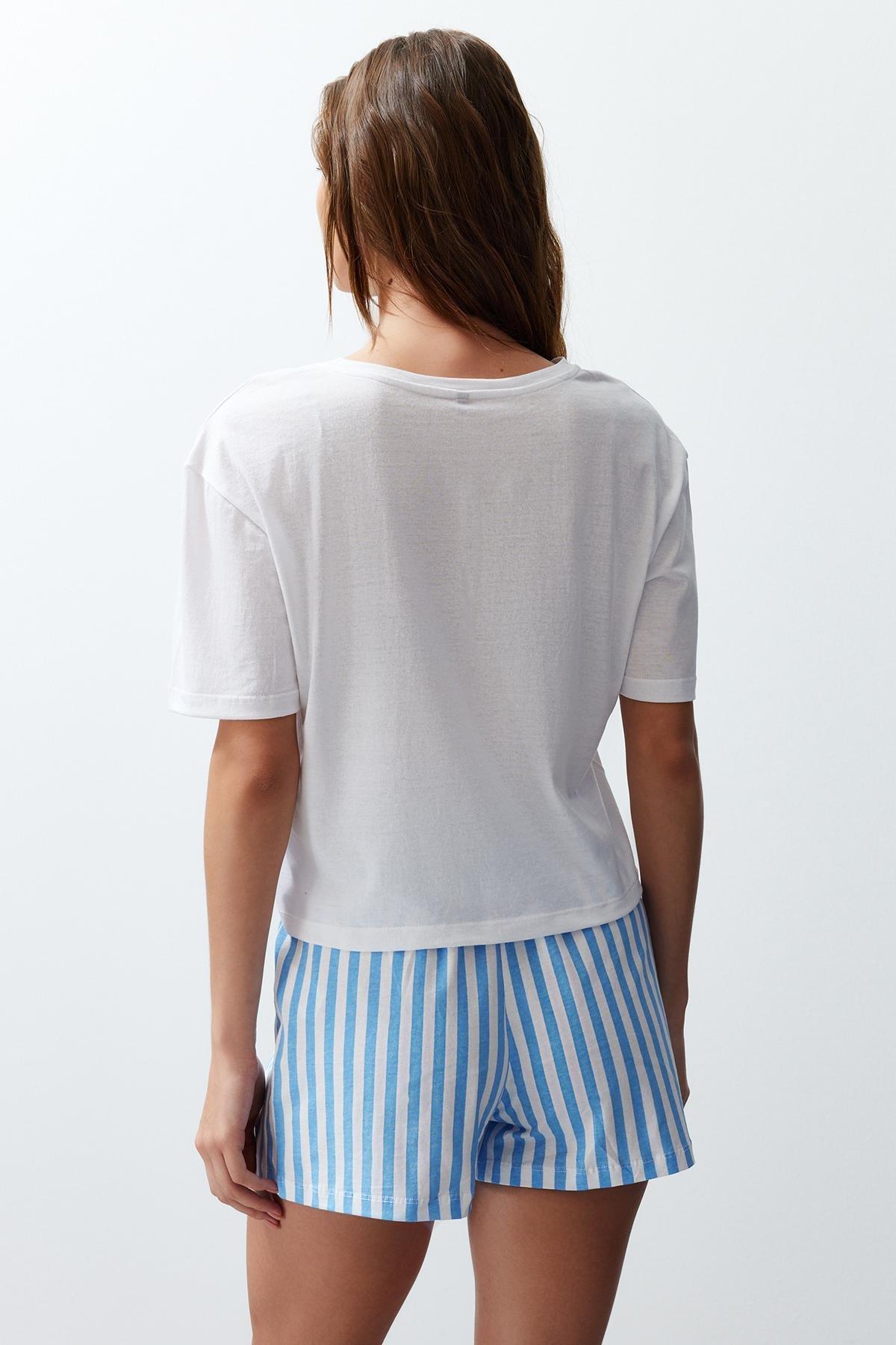 Womens Couple White-Multicolored 100% Cotton Striped Knitted Pajama Set THMSS24PT00175, 2s, , large image number 4