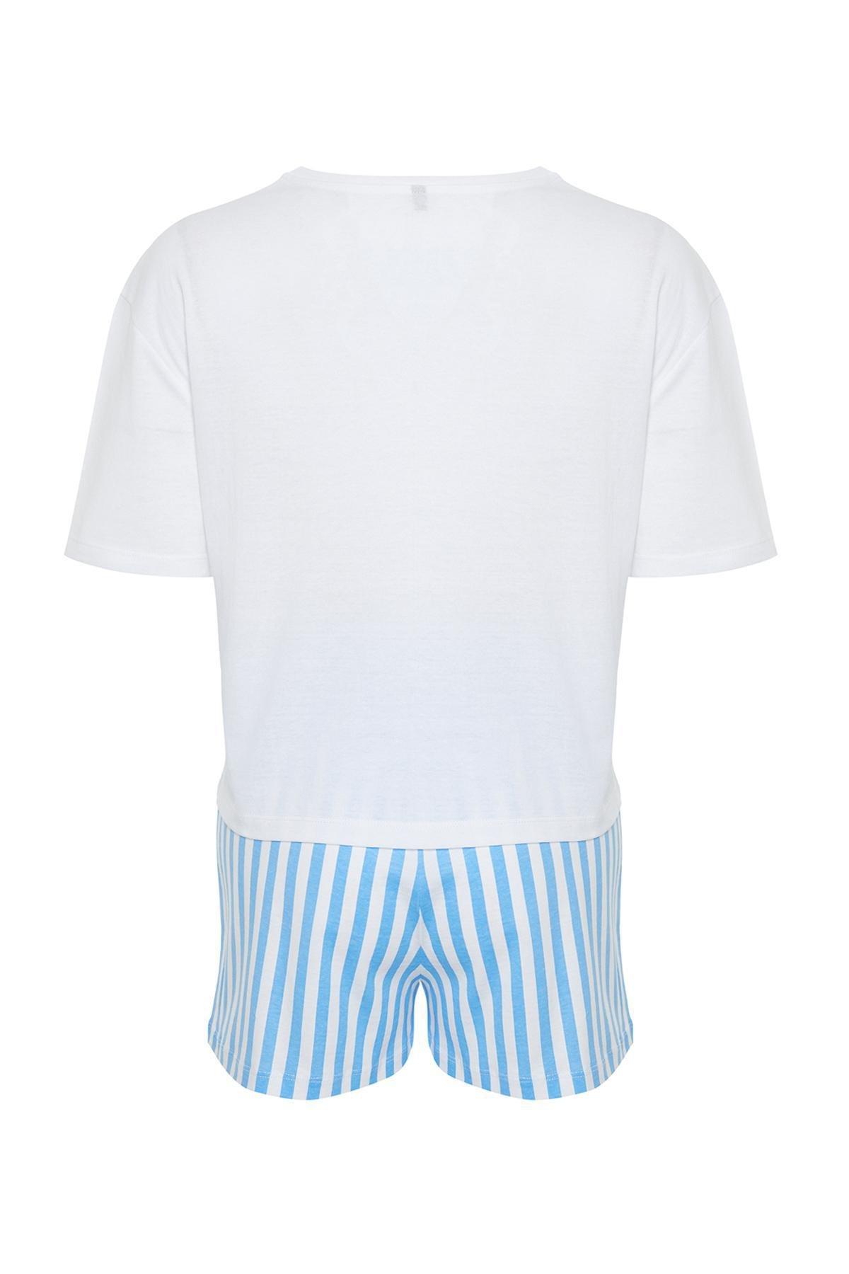 Womens Couple White-Multicolored 100% Cotton Striped Knitted Pajama Set THMSS24PT00175, 2s, , large image number 6