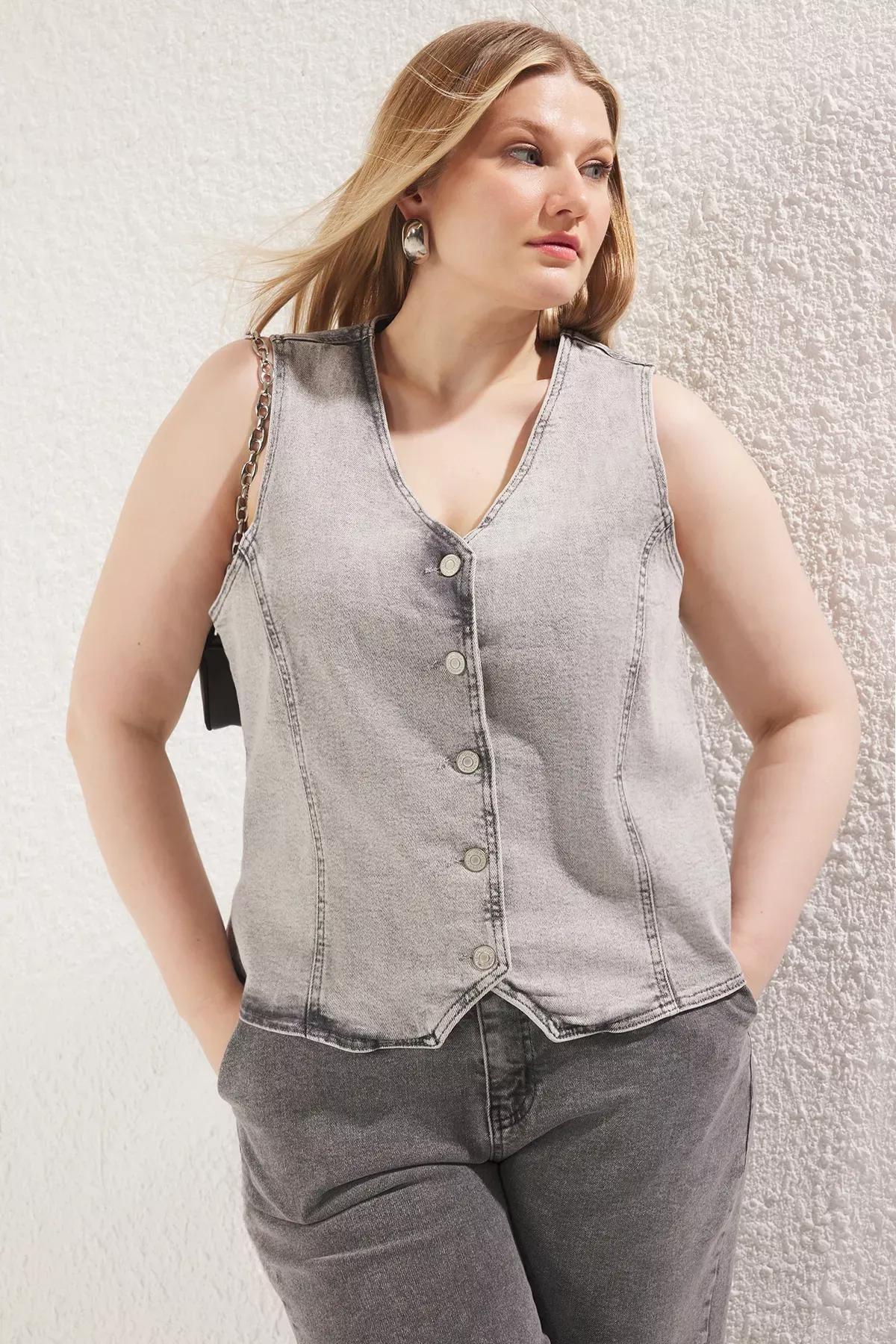 Grey Detailed Denim Vest, C101_1653, large image number 1