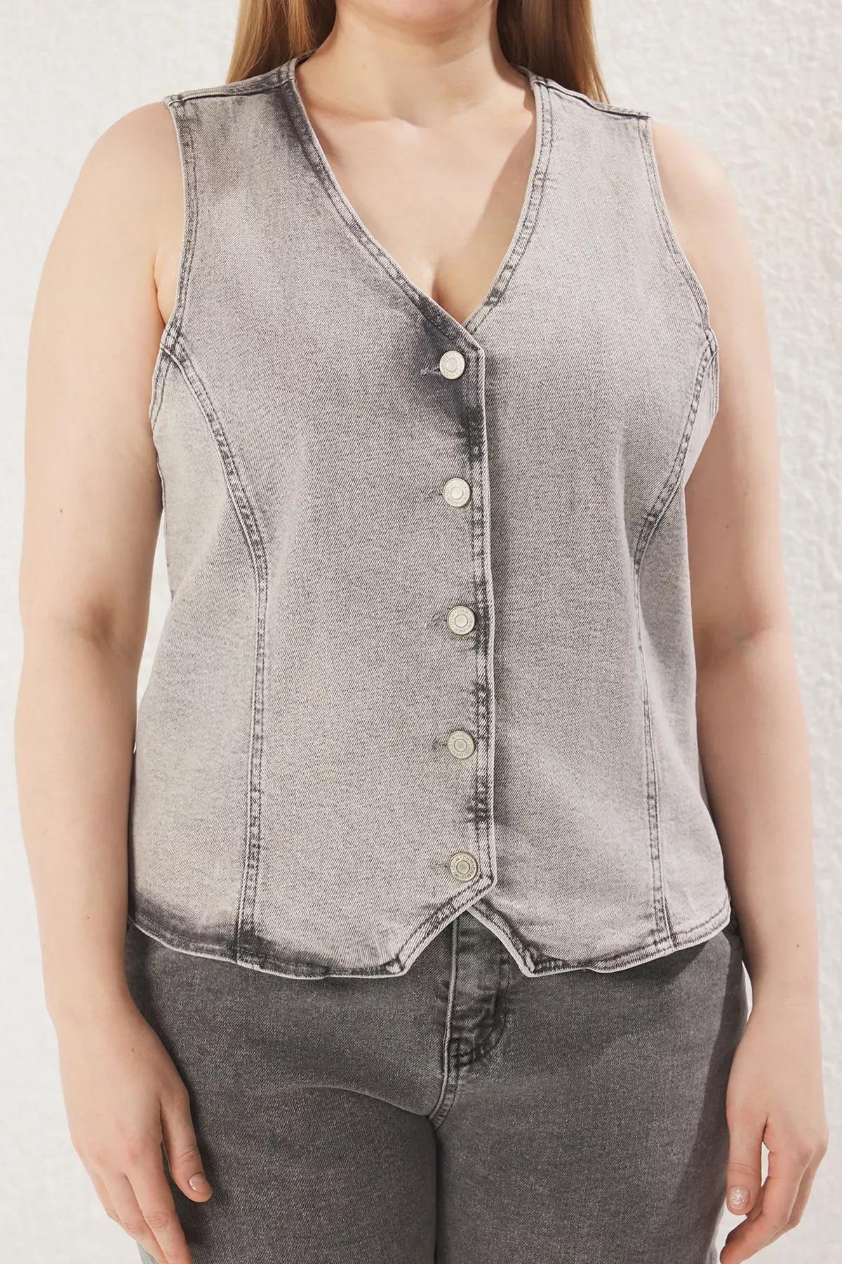 Grey Detailed Denim Vest, C101_1653, large image number 2