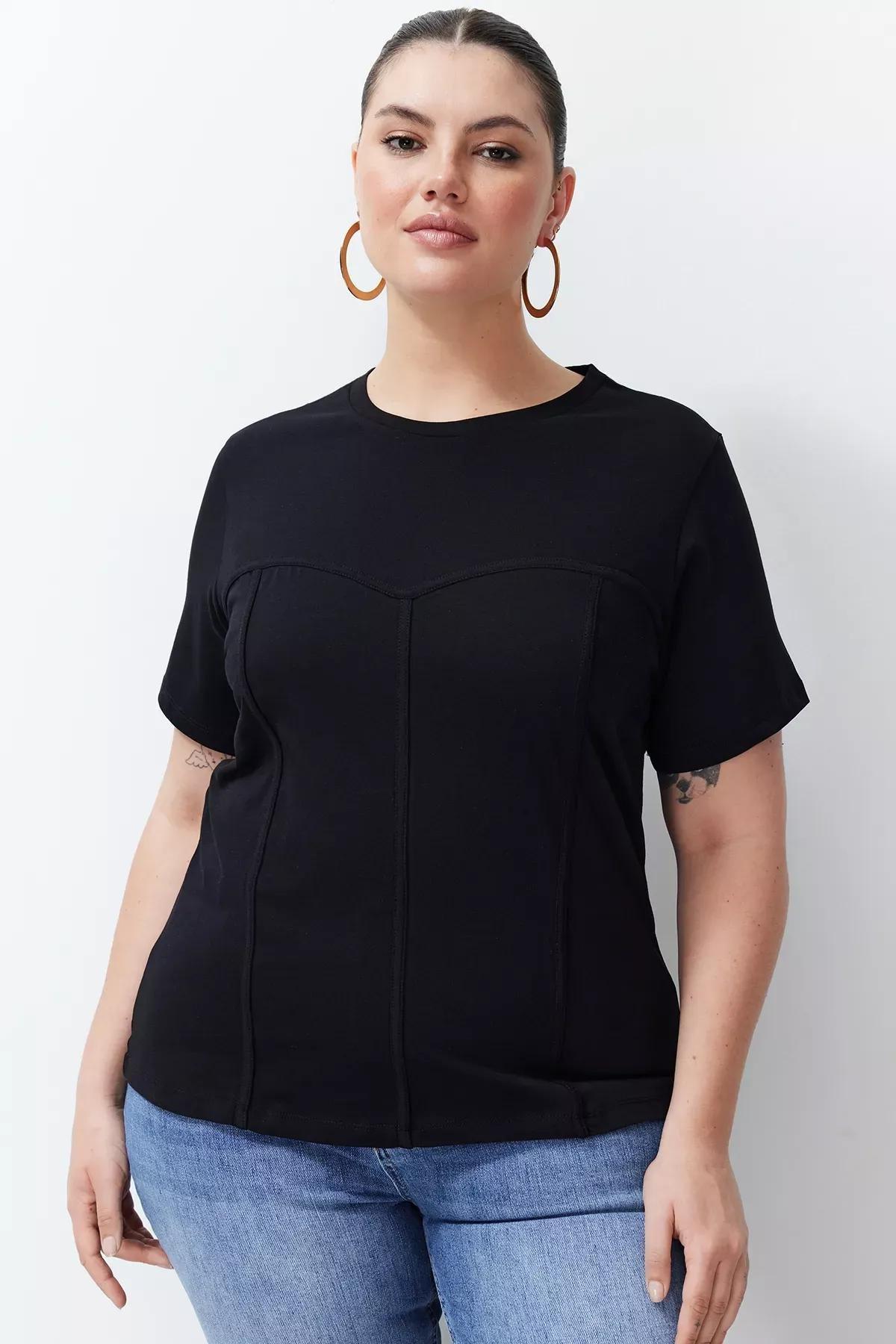 Black Detailed Cotton Knitted T-Shirt, C101_5720, large image number 0