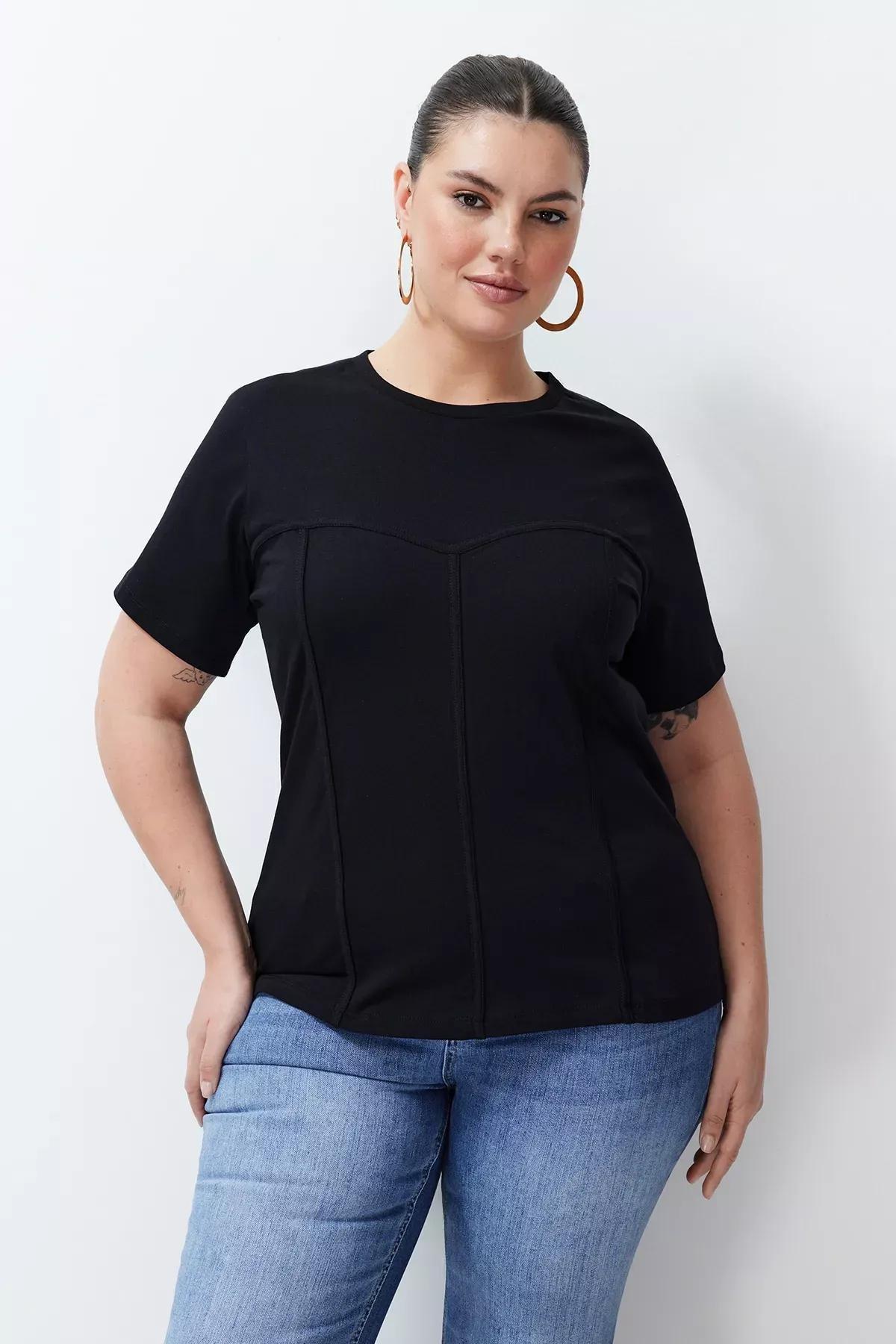 Black Detailed Cotton Knitted T-Shirt, C101_5720, large image number 1