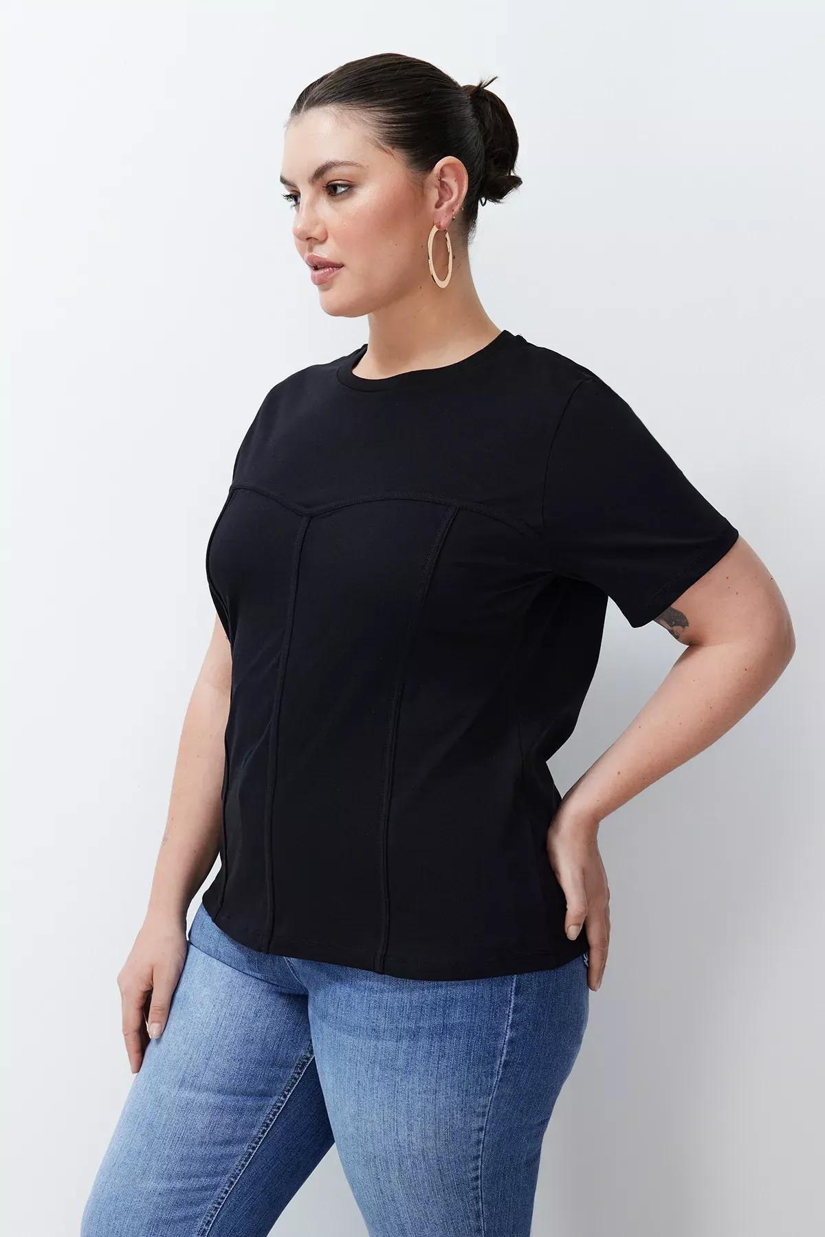 Black Detailed Cotton Knitted T-Shirt, C101_5720, large image number 2
