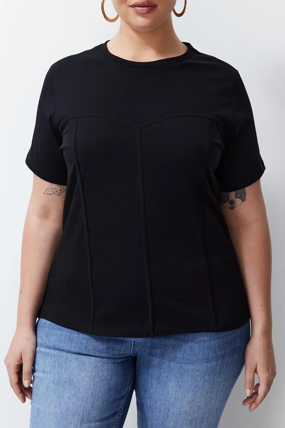 Black Detailed Cotton Knitted T-Shirt, C101_5720, large image number 4