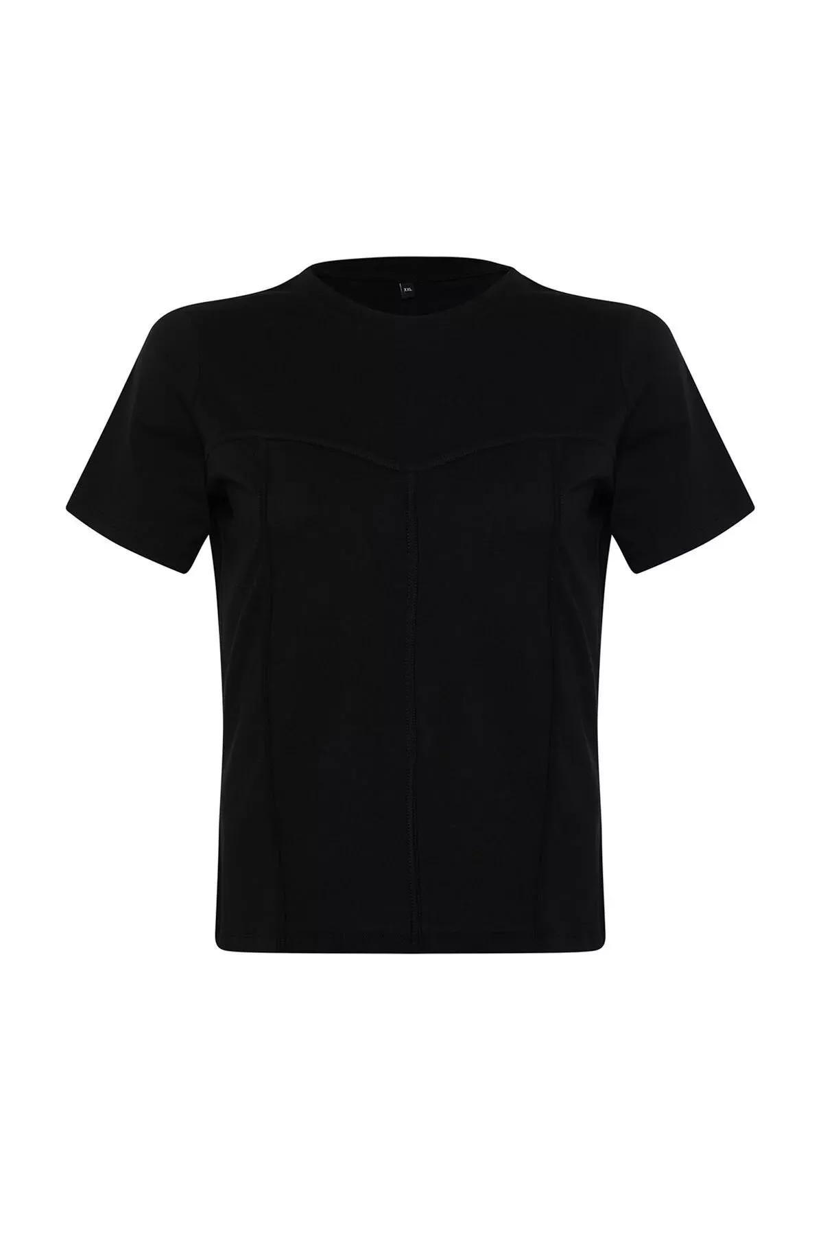 Black Detailed Cotton Knitted T-Shirt, C101_5720, large image number 5