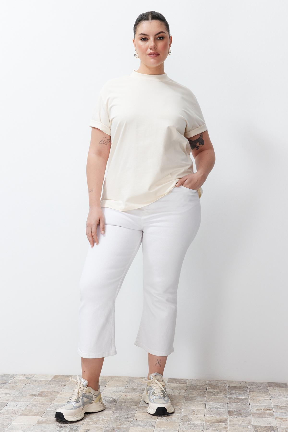 White High Waist Plus Size Cropped Bell-bottom Jeans TBBSS24CJ00019, , large image number 1