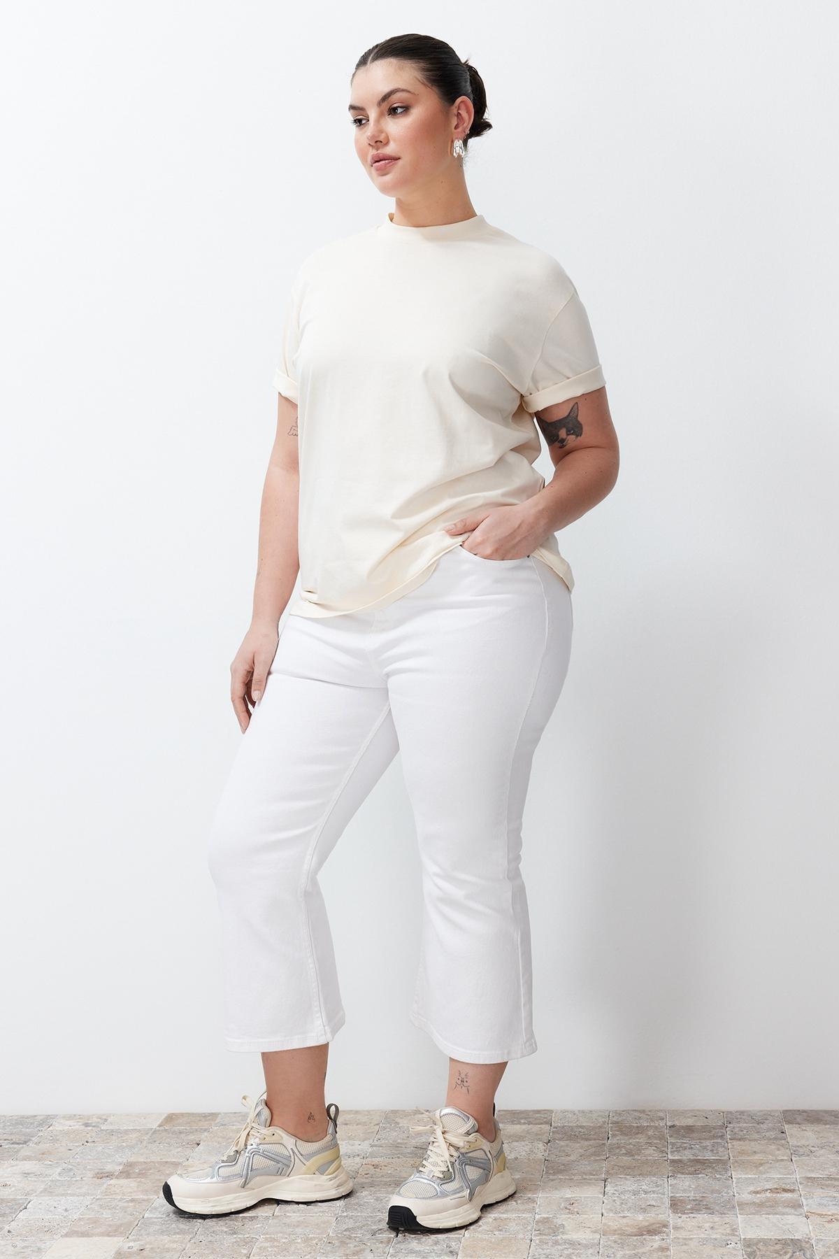 White High Waist Plus Size Cropped Bell-bottom Jeans TBBSS24CJ00019, , large image number 2