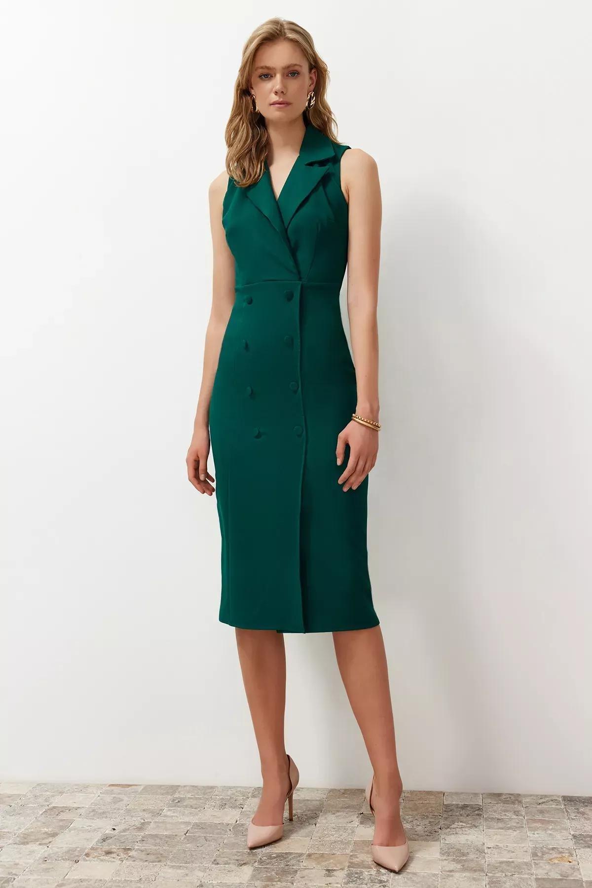 Green Textured Blazer Midi Dress, Emerald, large image number 0