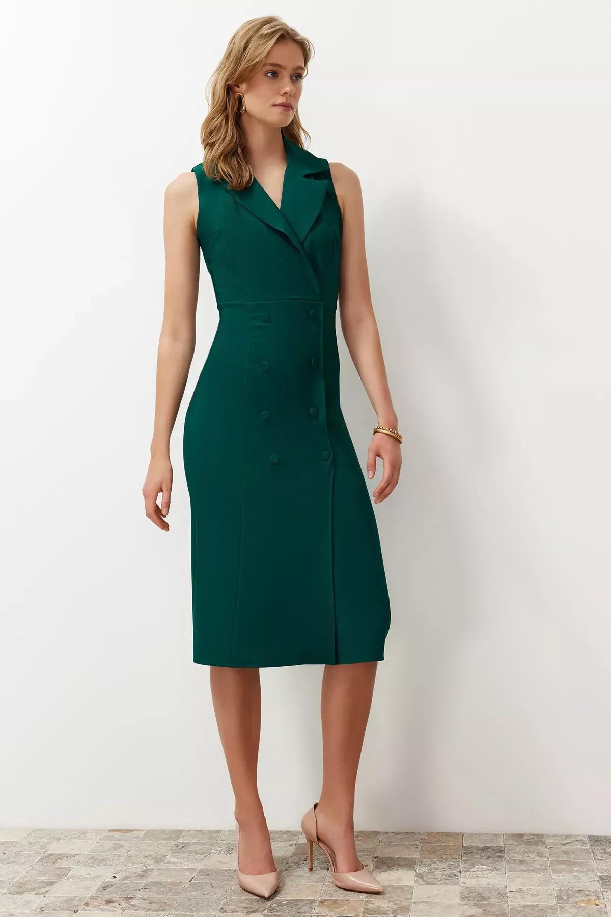 فستان متوسط الطول بقصة بينسل ضيقة بصفيّ أزرار، أخضر, Emerald, large image number 2