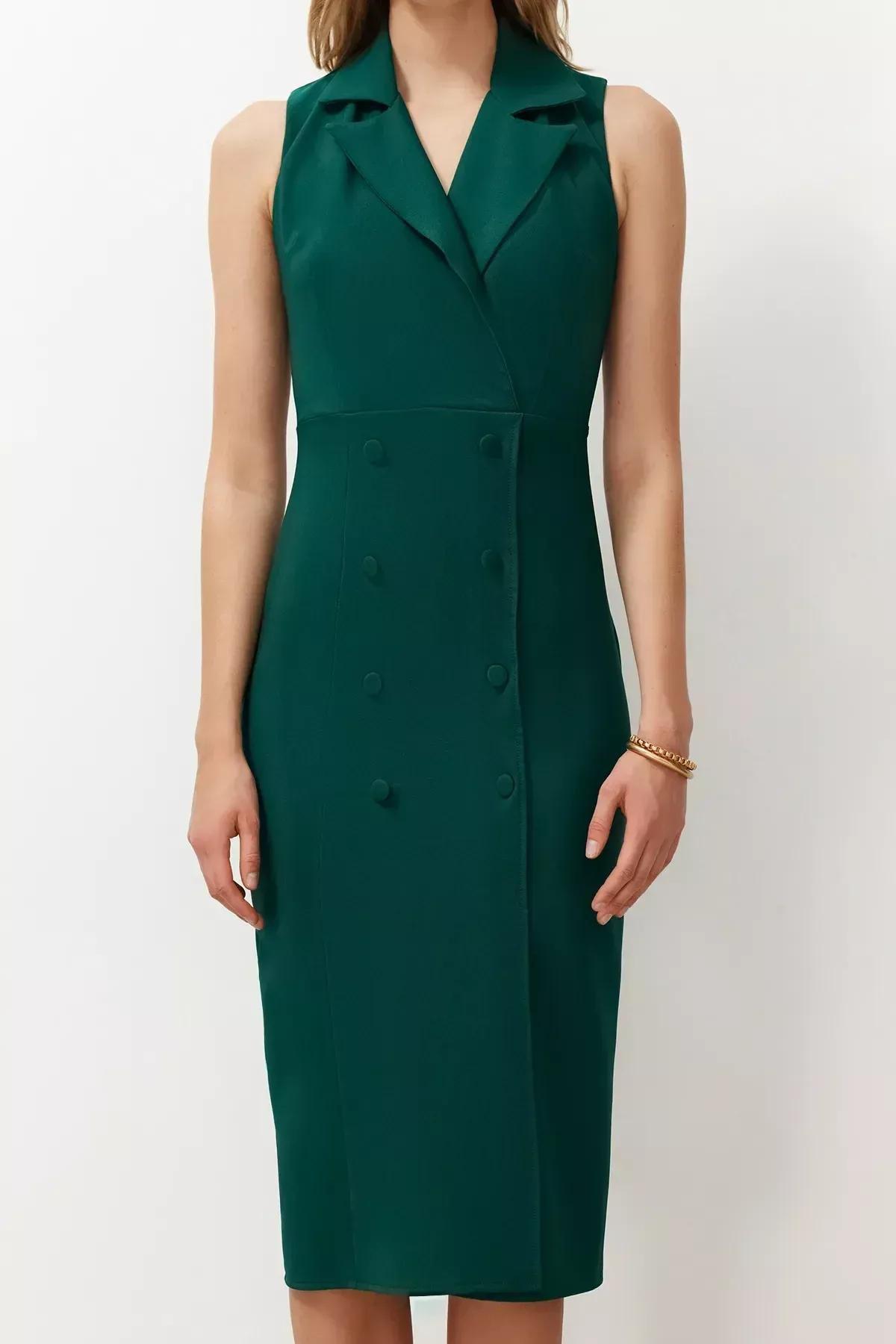 فستان متوسط الطول بقصة بينسل ضيقة بصفيّ أزرار، أخضر, Emerald, large image number 3
