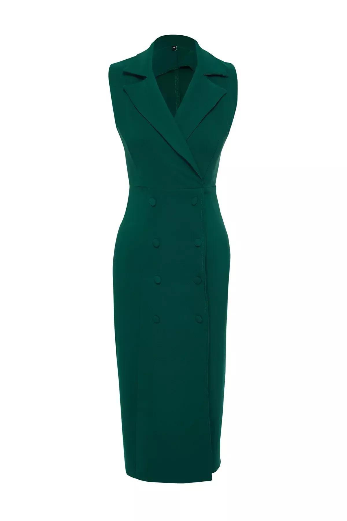 فستان متوسط الطول بقصة بينسل ضيقة بصفيّ أزرار، أخضر, Emerald, large image number 5