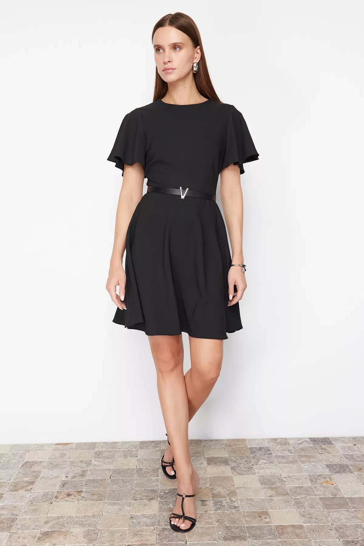 Black Belted Skirt Flounced Mini Woven Dress, BLACK, large image number 0