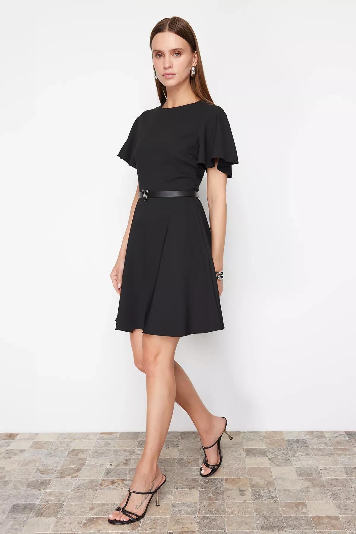 Black Belted Skirt Flounced Mini Woven Dress, BLACK, large image number 1