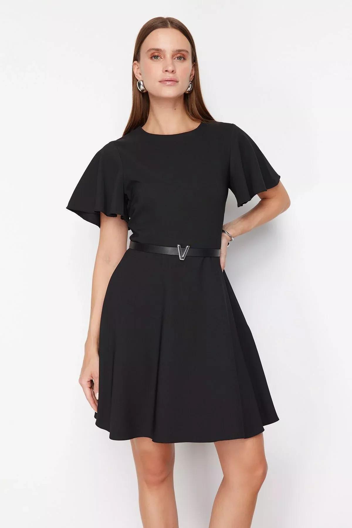 Black Belted Skirt Flounced Mini Woven Dress, BLACK, large image number 2