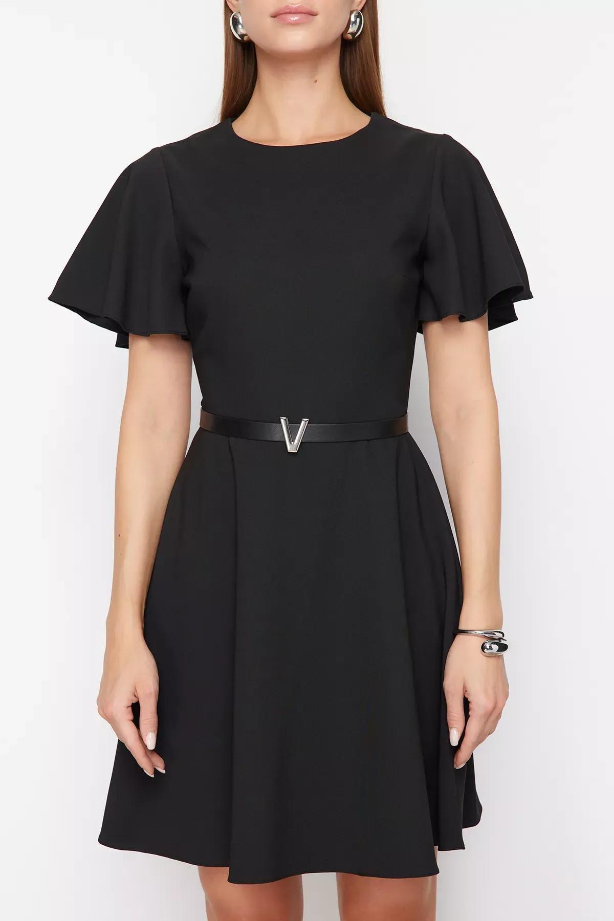 Black Belted Skirt Flounced Mini Woven Dress, BLACK, large image number 3