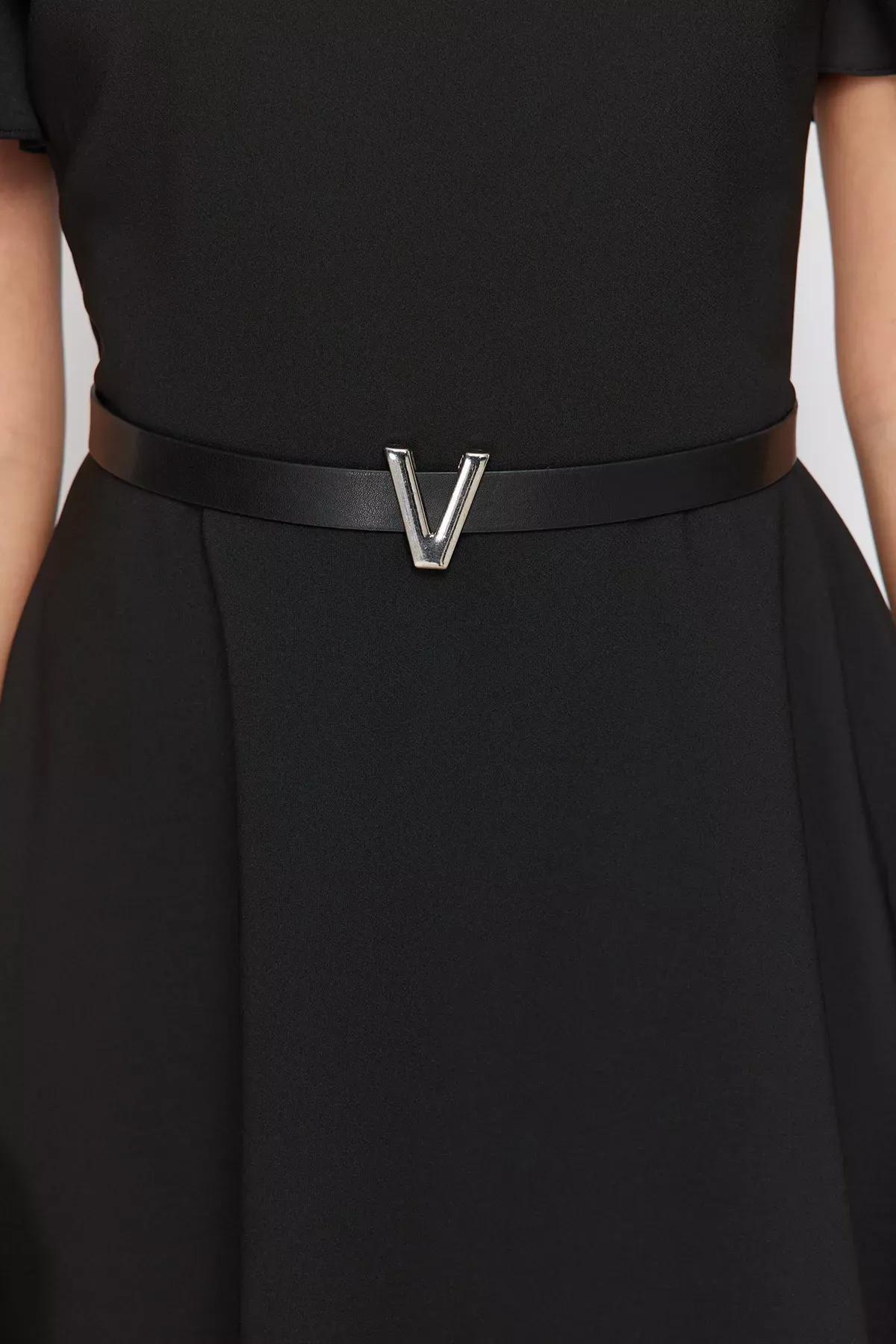 Black Belted Skirt Flounced Mini Woven Dress, BLACK, large image number 4