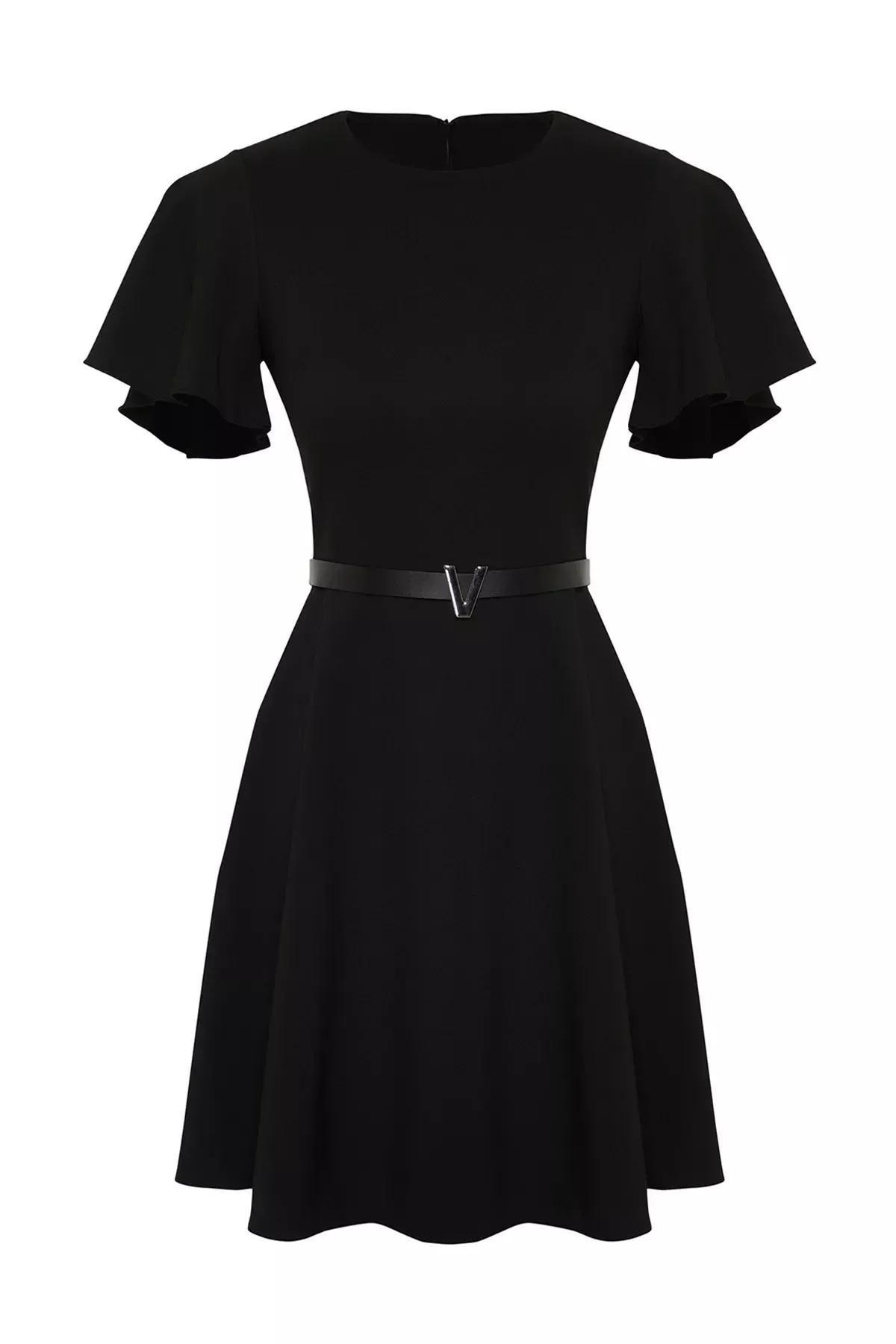 Black Belted Skirt Flounced Mini Woven Dress, BLACK, large image number 5