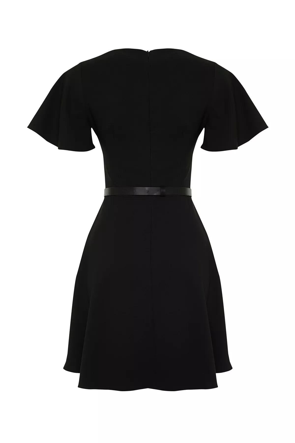 Black Belted Skirt Flounced Mini Woven Dress, BLACK, large image number 6