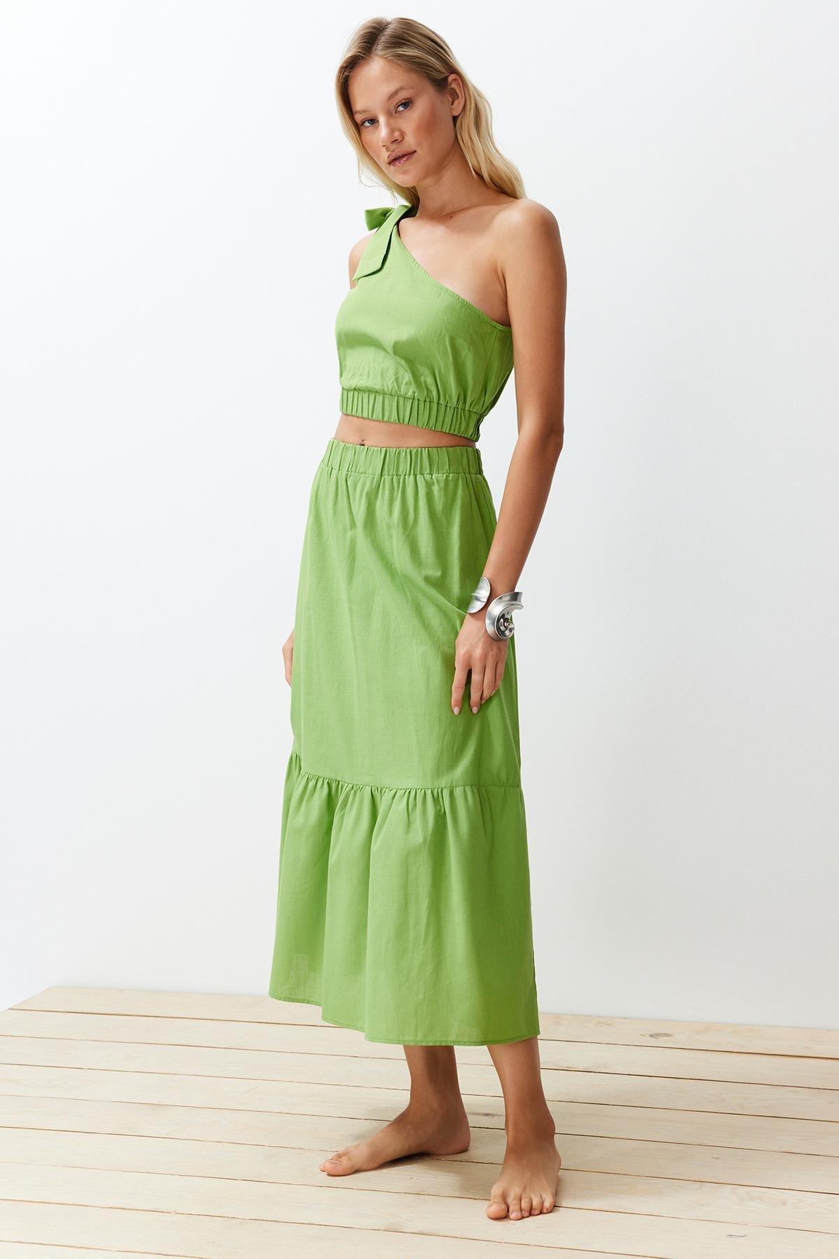 Green Woven One-Shoulder Blouse and Skirt Suit TBESS24AU00037, , large image number 0