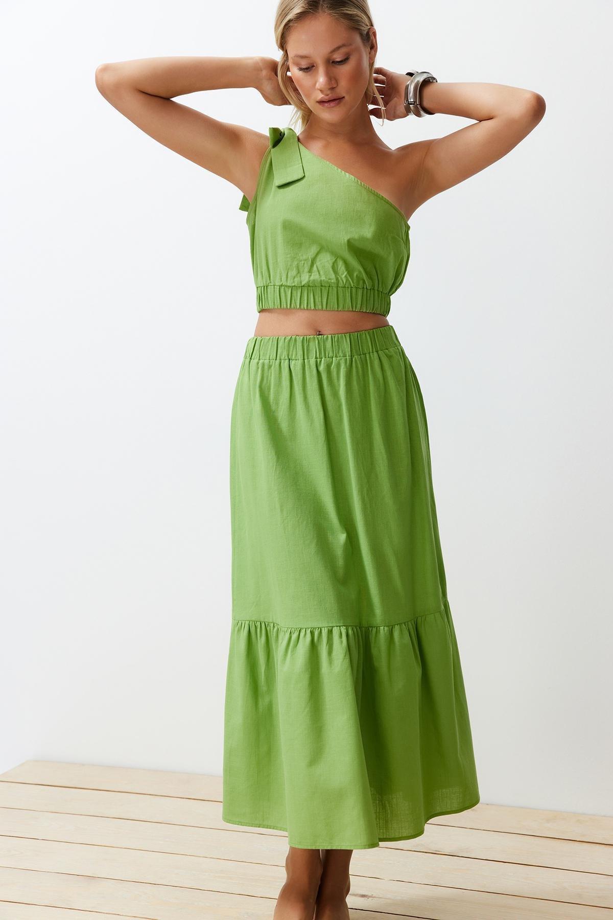 Green Woven One-Shoulder Blouse and Skirt Suit TBESS24AU00037, , large image number 1