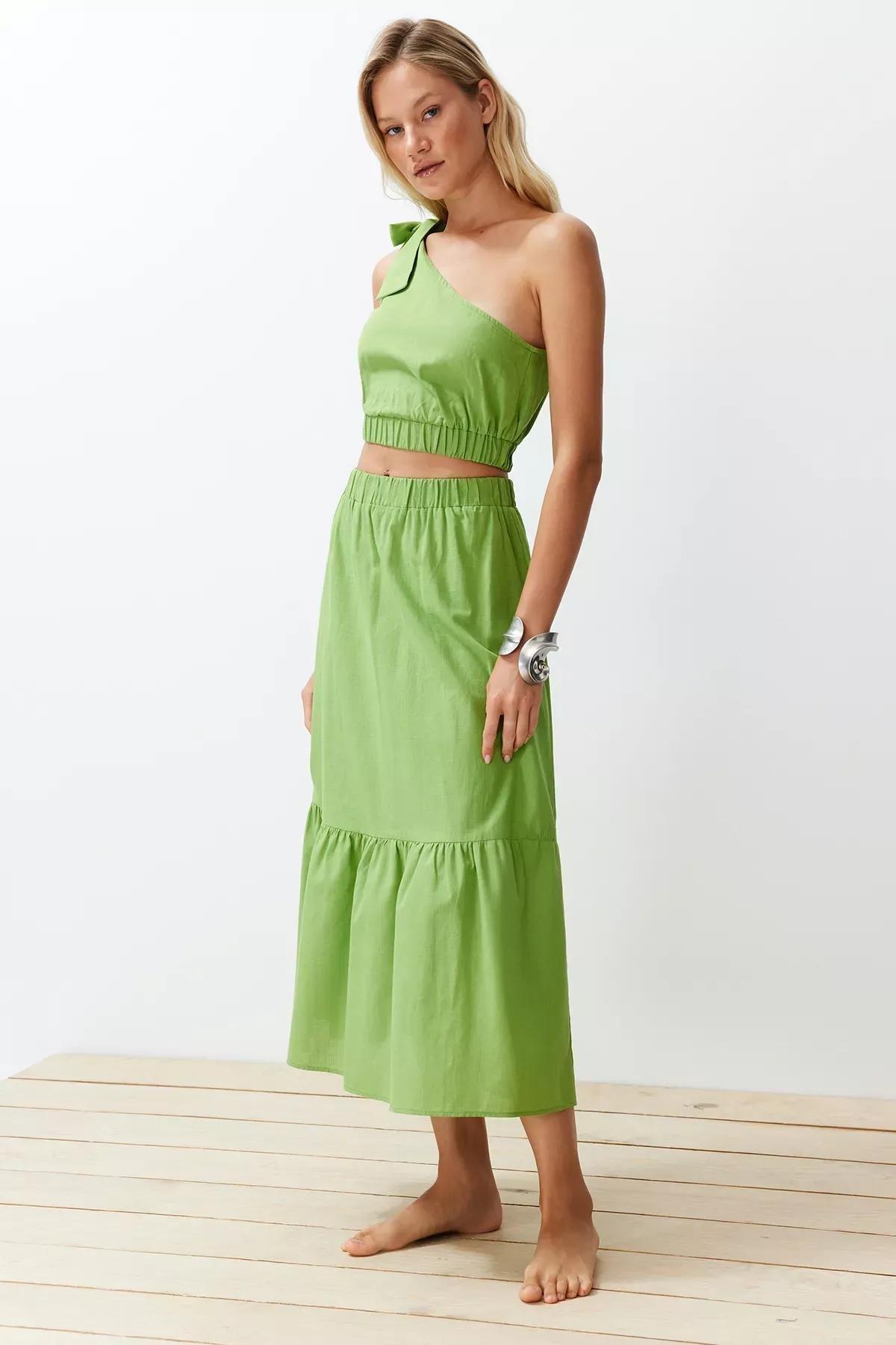 Green Woven One-Shoulder Suit, , large image number 1