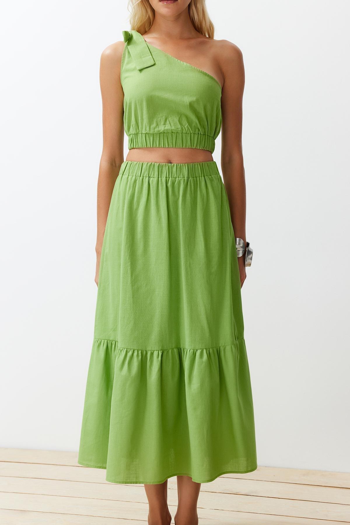 Green Woven One-Shoulder Blouse and Skirt Suit TBESS24AU00037, , large image number 3