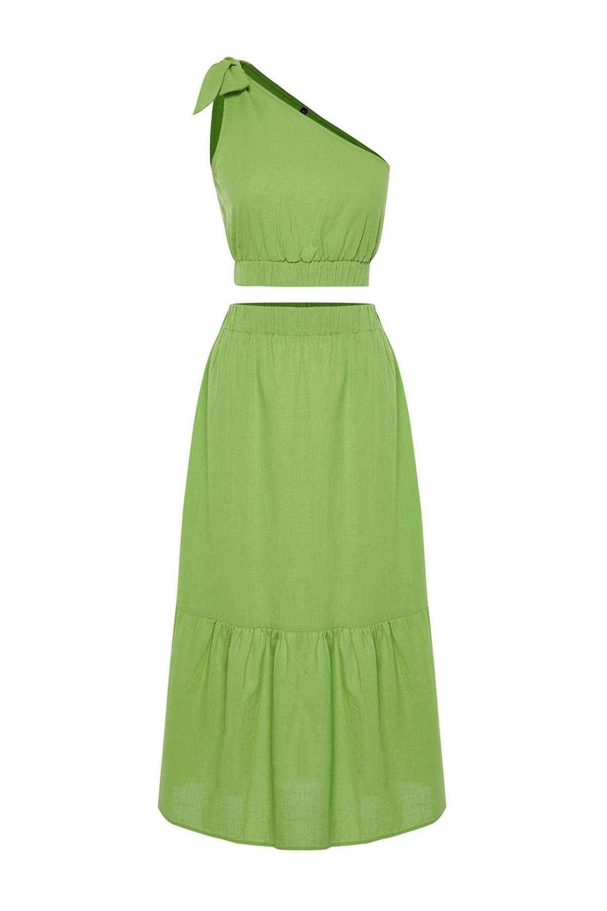 Green Woven One-Shoulder Blouse and Skirt Suit TBESS24AU00037, , large image number 4