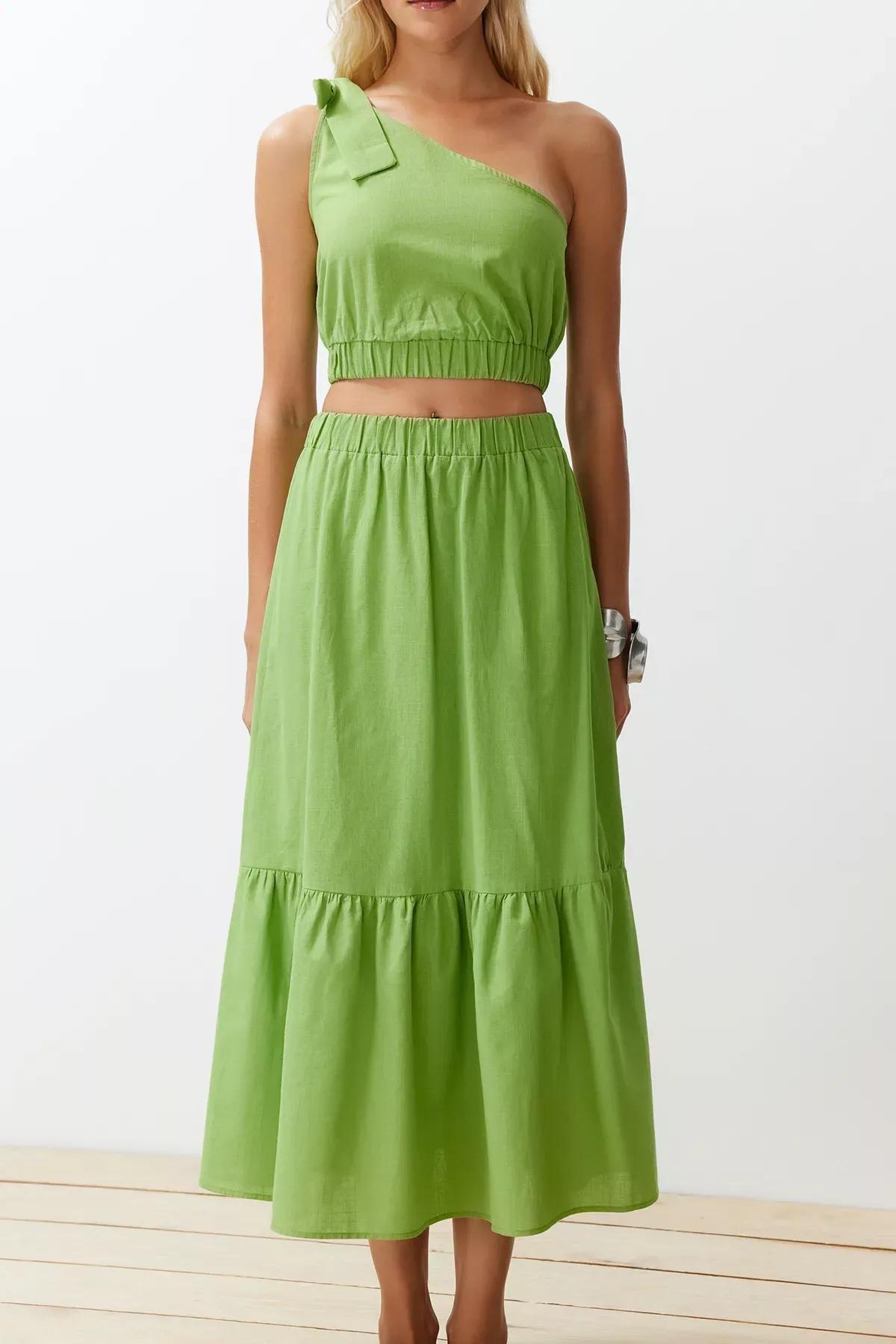 Green Woven One-Shoulder Suit, , large image number 4