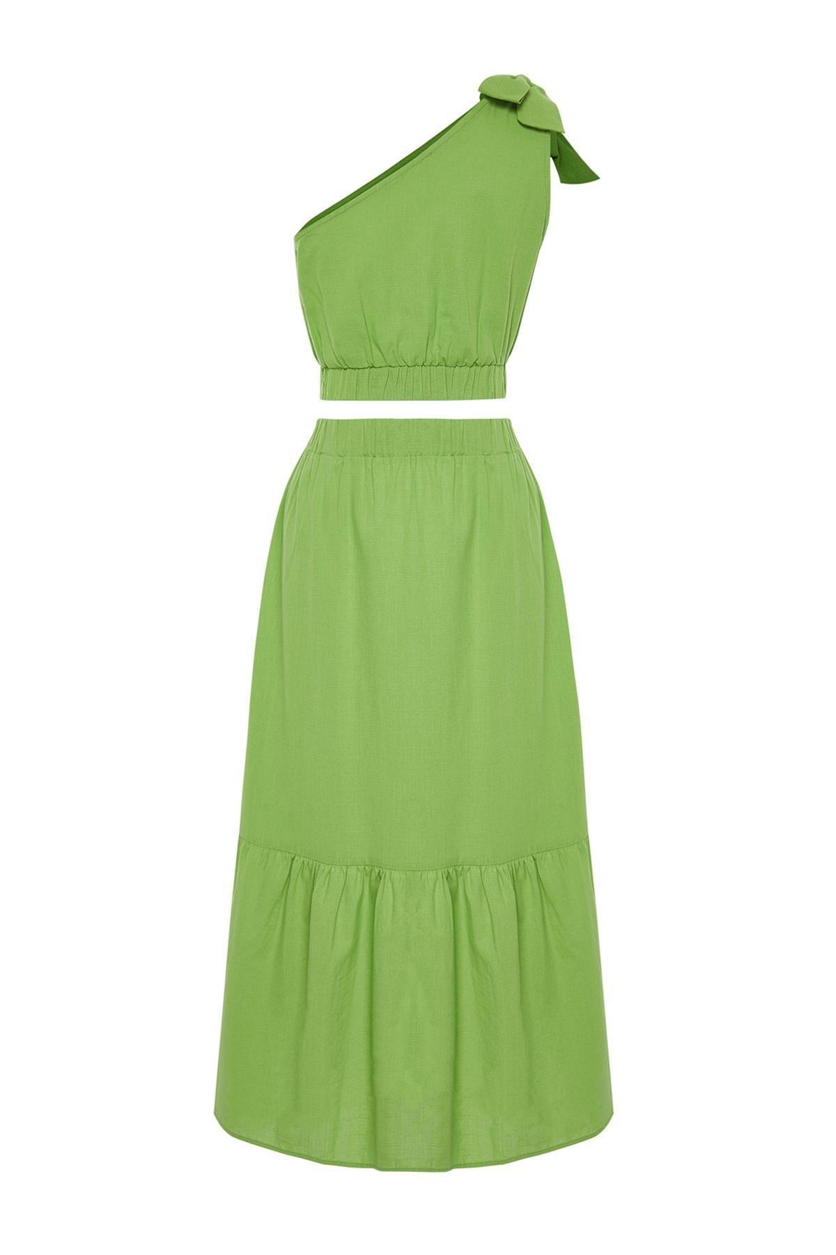 Green Woven One-Shoulder Blouse and Skirt Suit TBESS24AU00037, , large image number 6